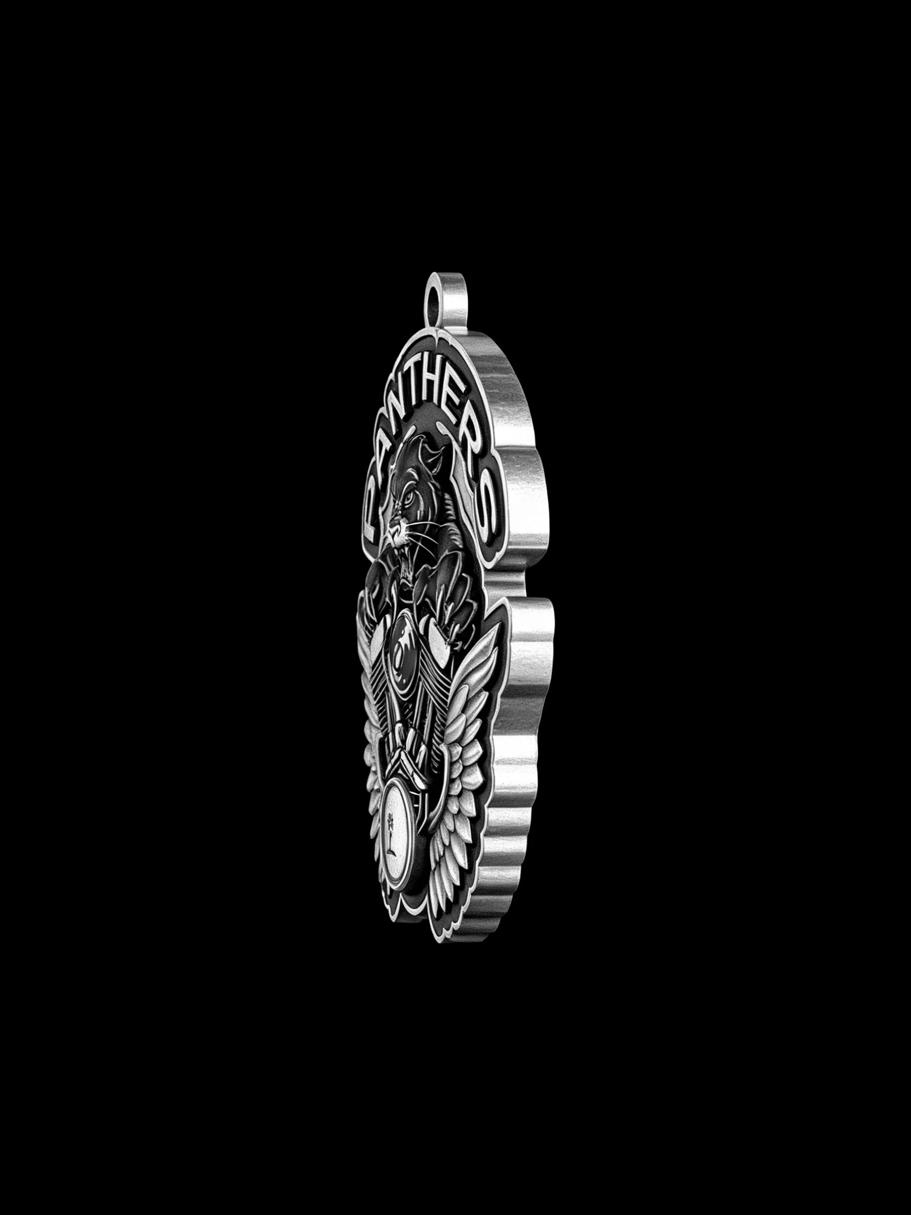 Custom panther and engine motorcycle club pendant craftsmanship reference, three quarter view