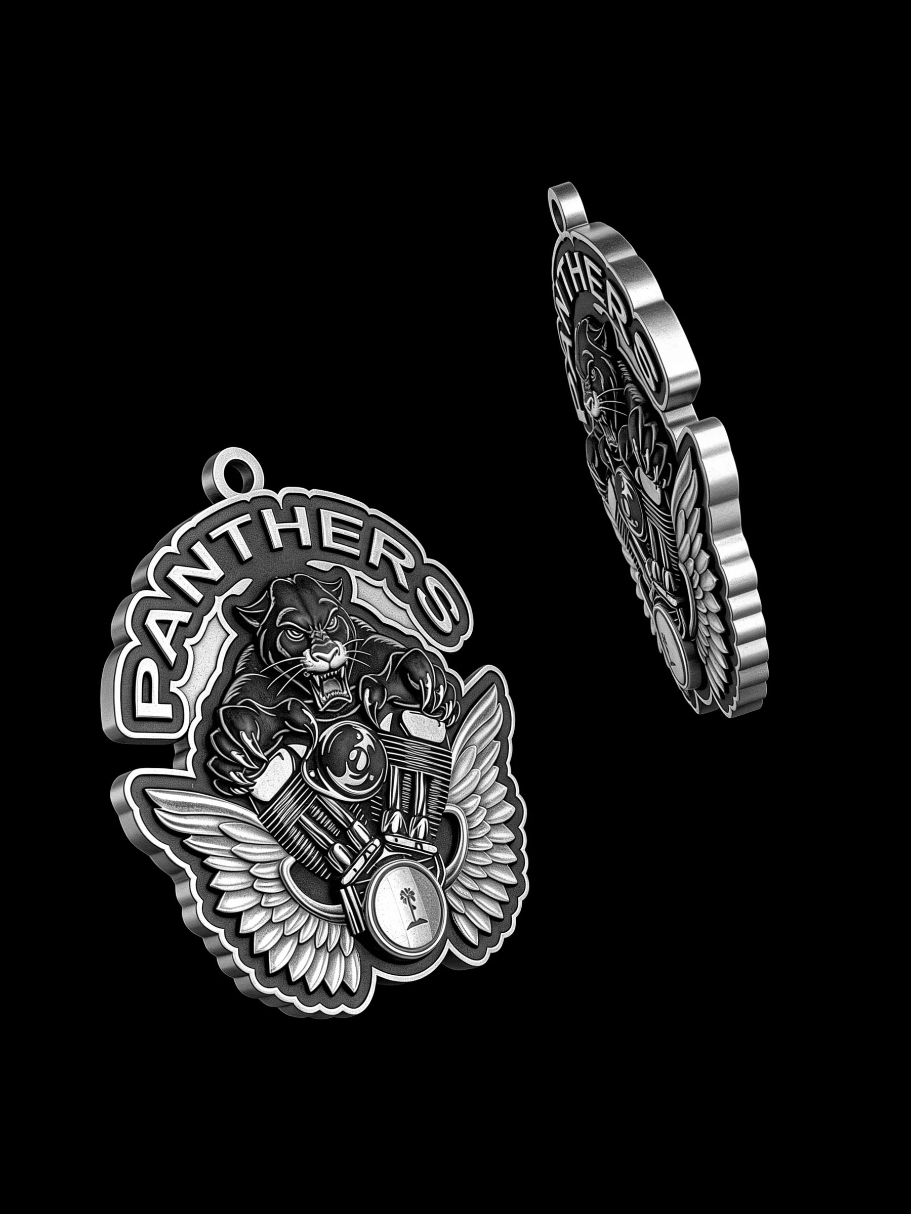 Custom panther and engine motorcycle club pendant craftsmanship reference, with chain