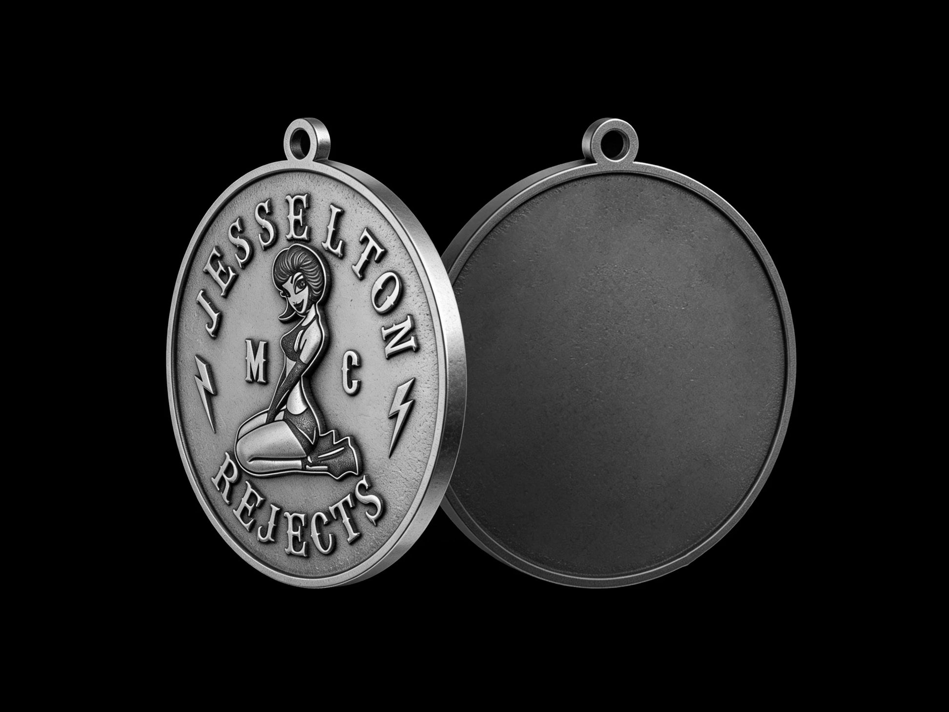 Custom pin-up lightning motorcycle club pendant craftsmanship reference, back and front