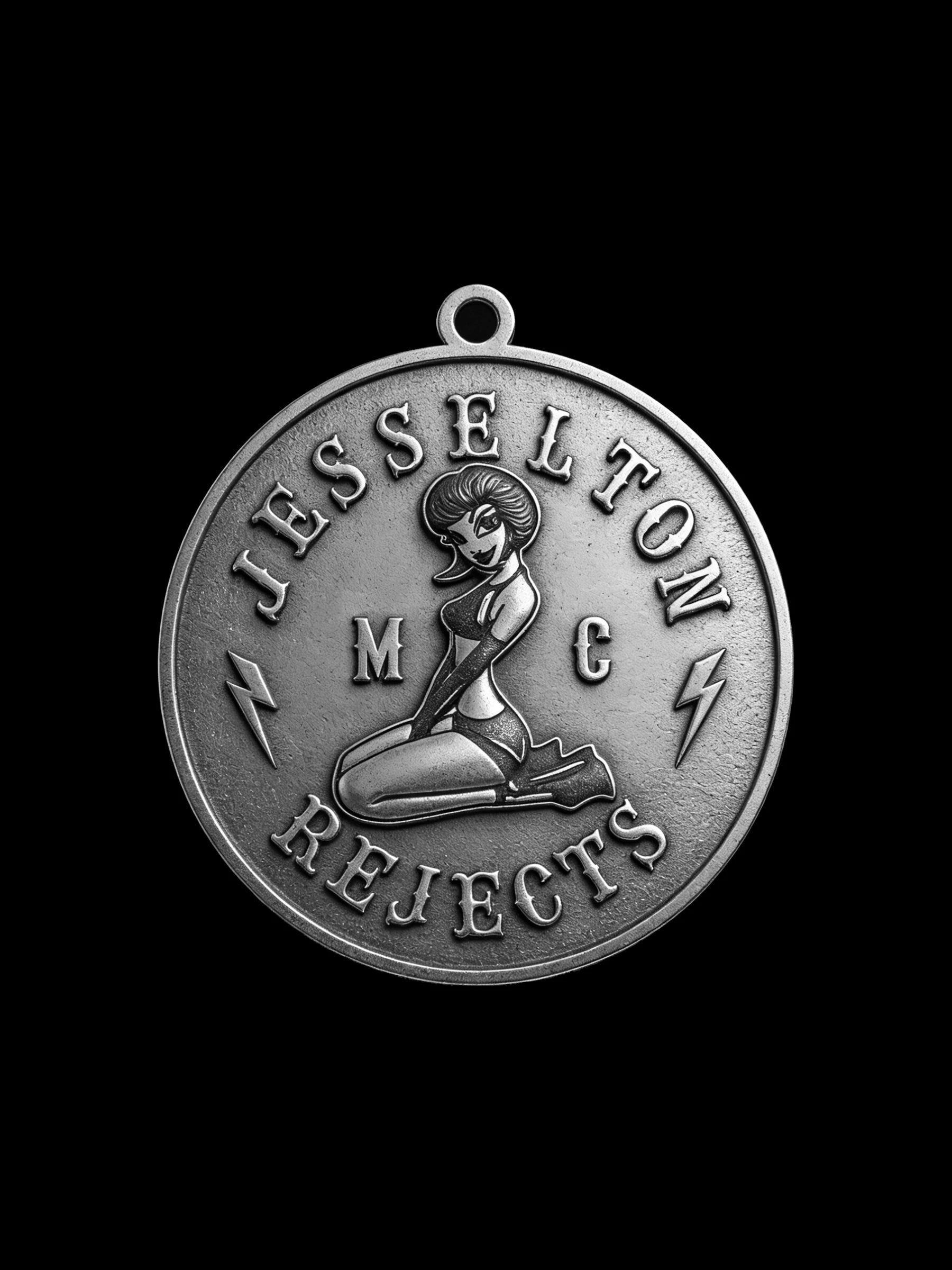 Custom pin-up lightning motorcycle club pendant craftsmanship reference, front view