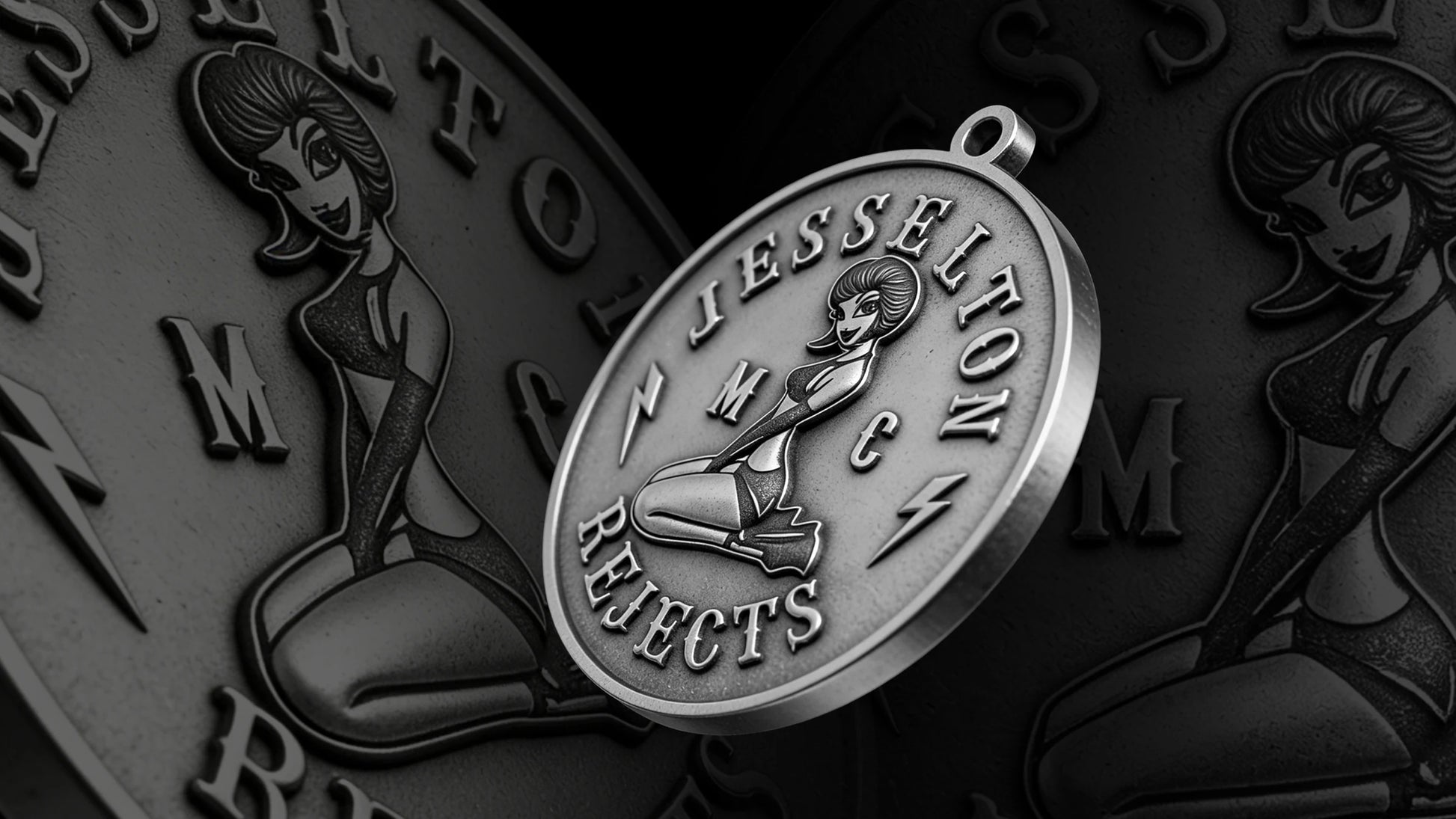 Custom pin-up lightning motorcycle club pendant craftsmanship reference, gallery layout