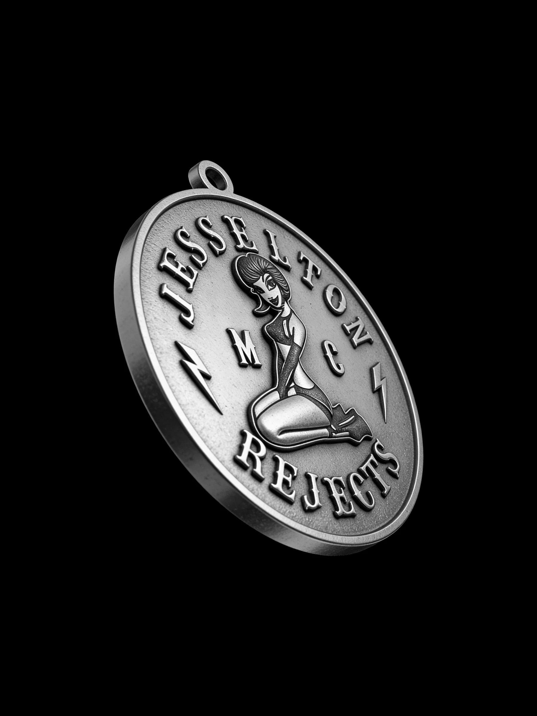 Custom pin-up lightning motorcycle club pendant craftsmanship reference, left angle