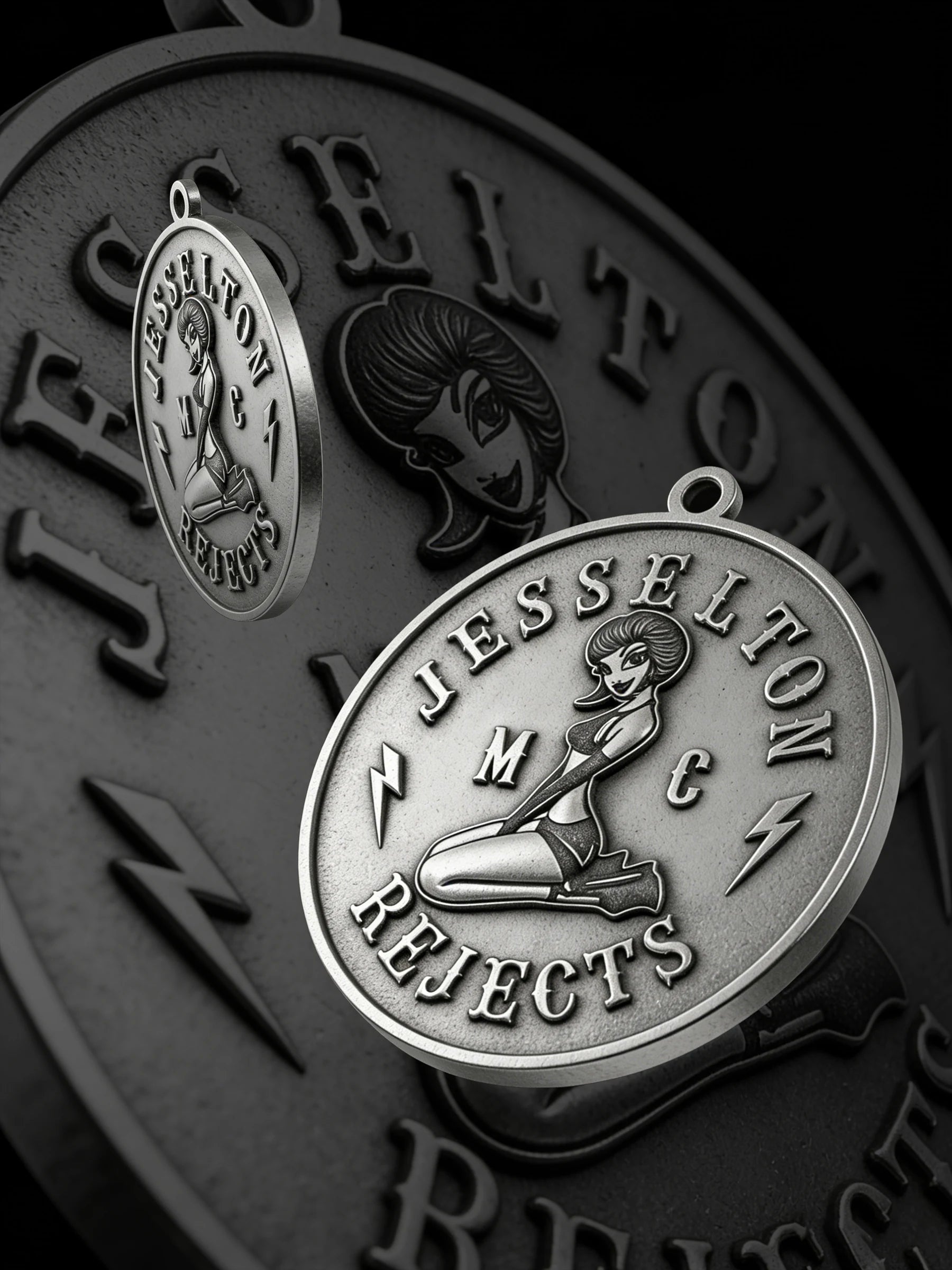 Custom pin-up lightning motorcycle club pendant craftsmanship reference, paired display