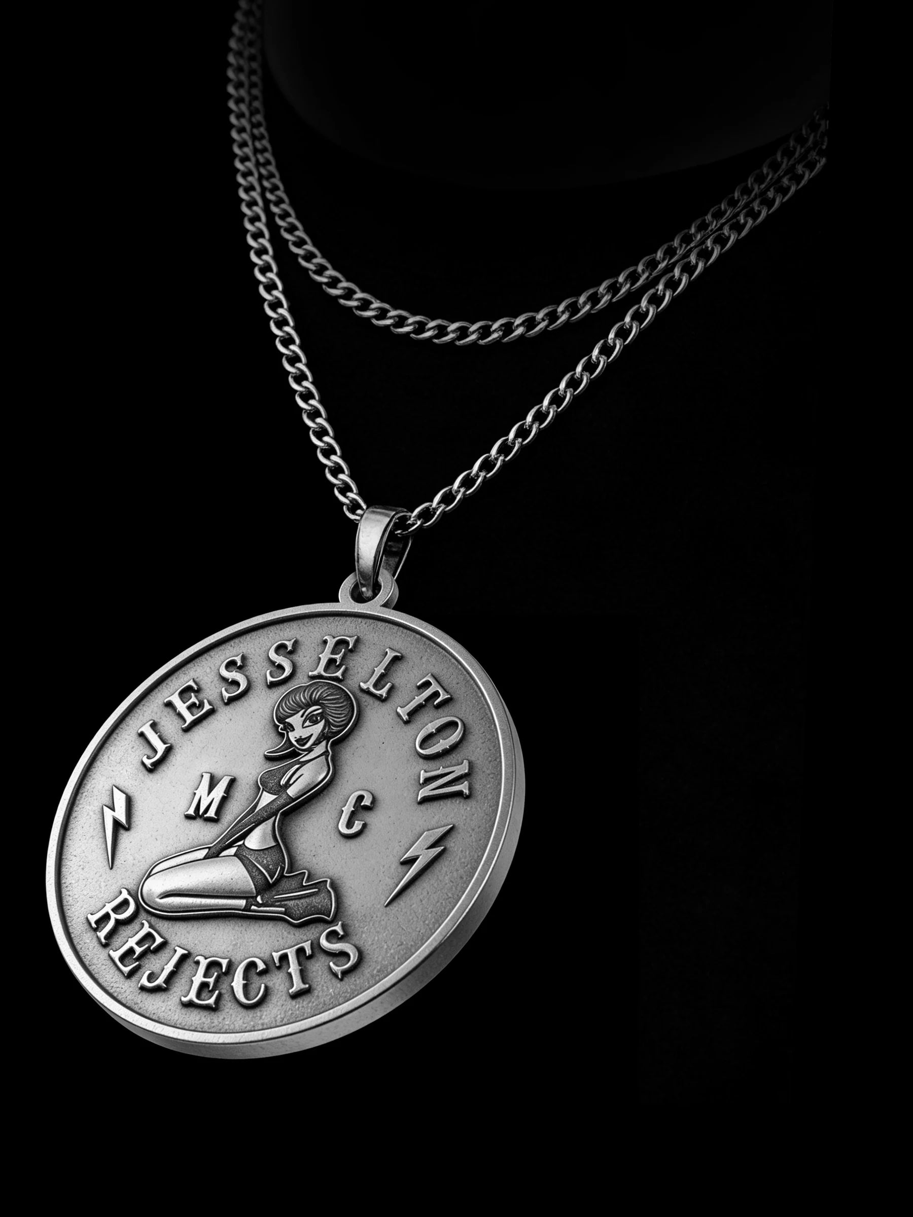 Custom pin-up lightning motorcycle club pendant craftsmanship reference, raised relief detail