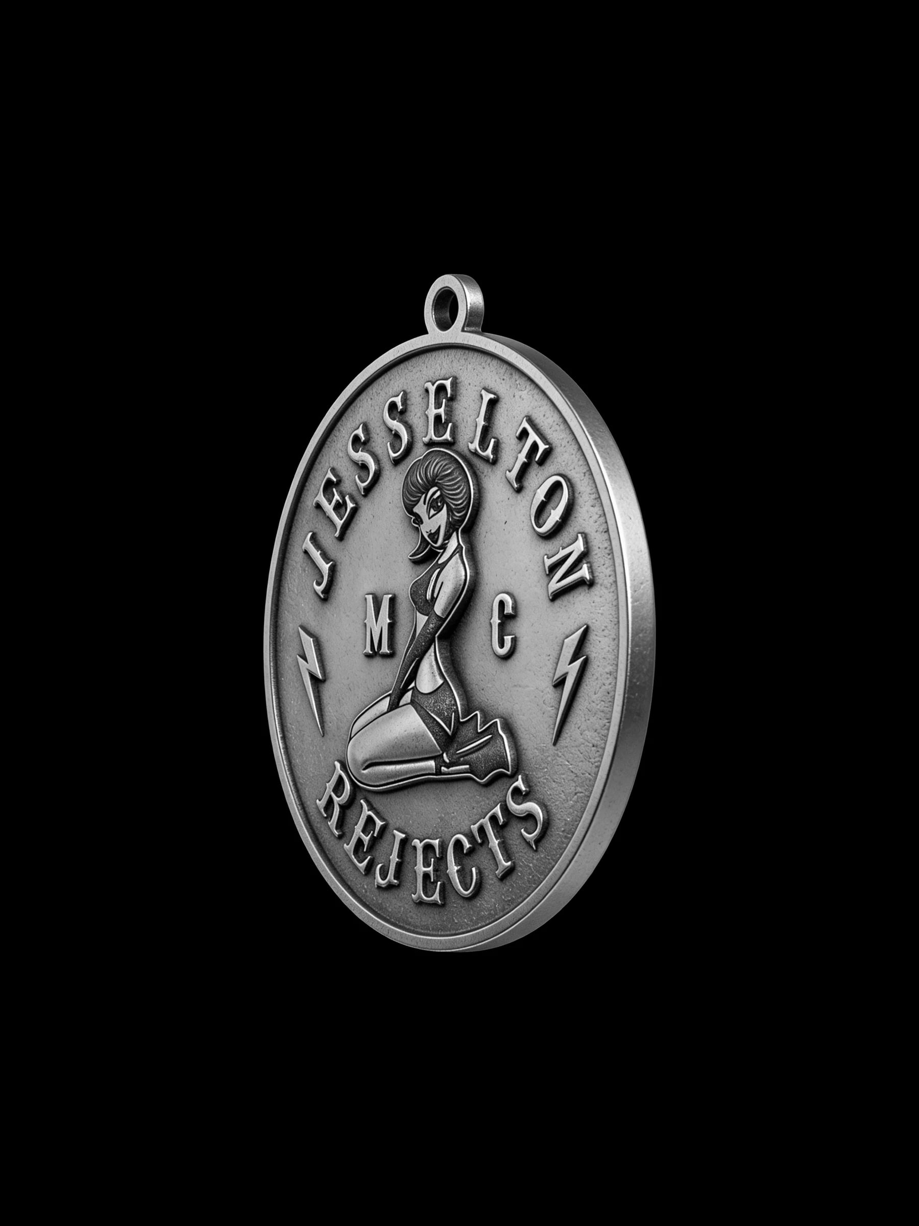Custom pin-up lightning motorcycle club pendant craftsmanship reference, right angle