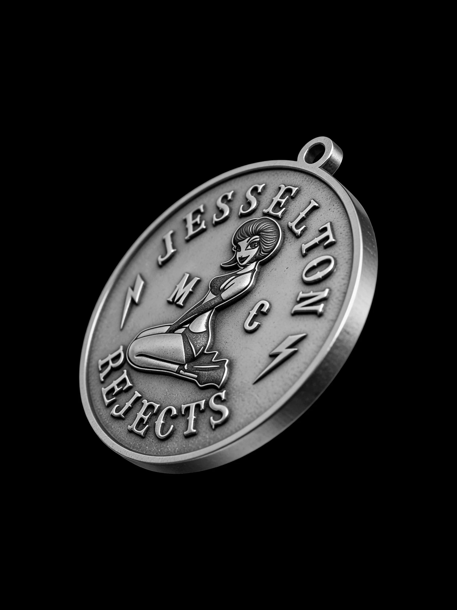 Custom pin-up lightning motorcycle club pendant craftsmanship reference, side profile