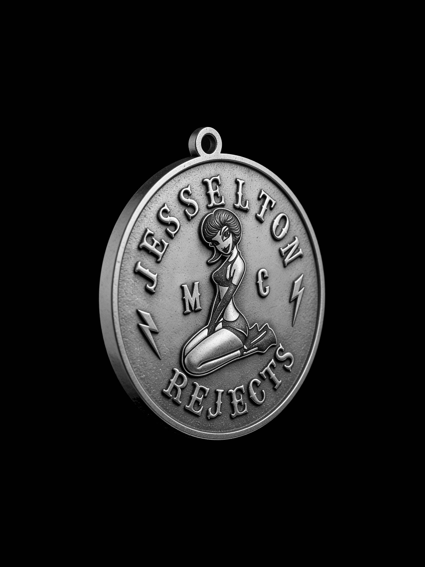 Custom pin-up lightning motorcycle club pendant craftsmanship reference, three quarter view