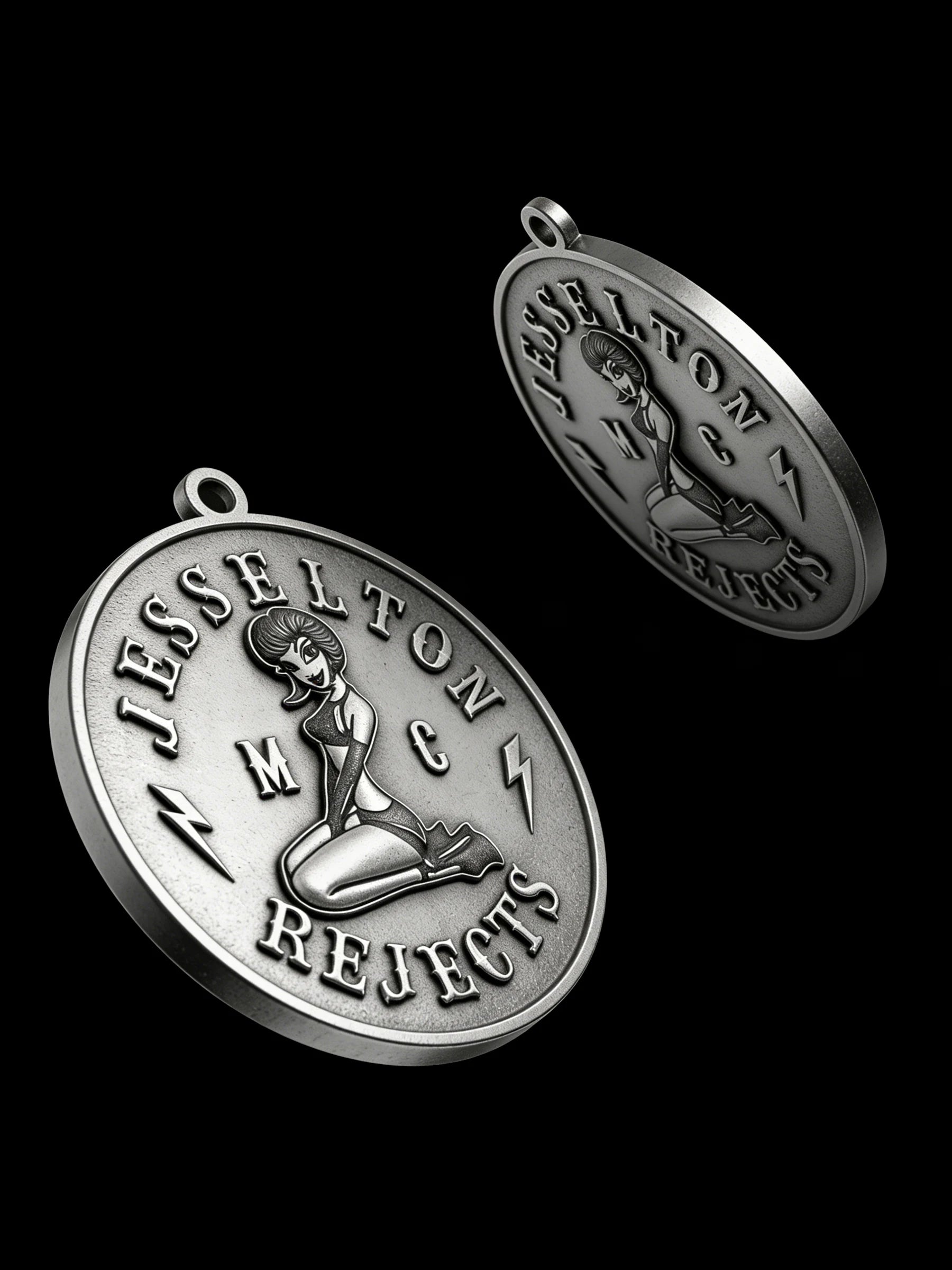 Custom pin-up lightning motorcycle club pendant craftsmanship reference, with chain