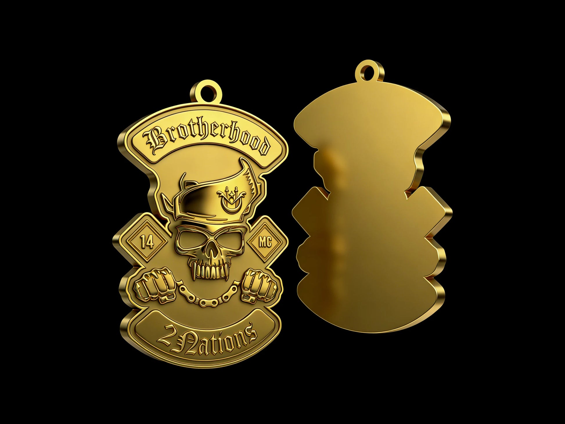 Custom pirate skull motorcycle club pendant craftsmanship reference, back and front