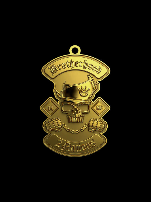 Custom pirate skull motorcycle club pendant craftsmanship reference, front view