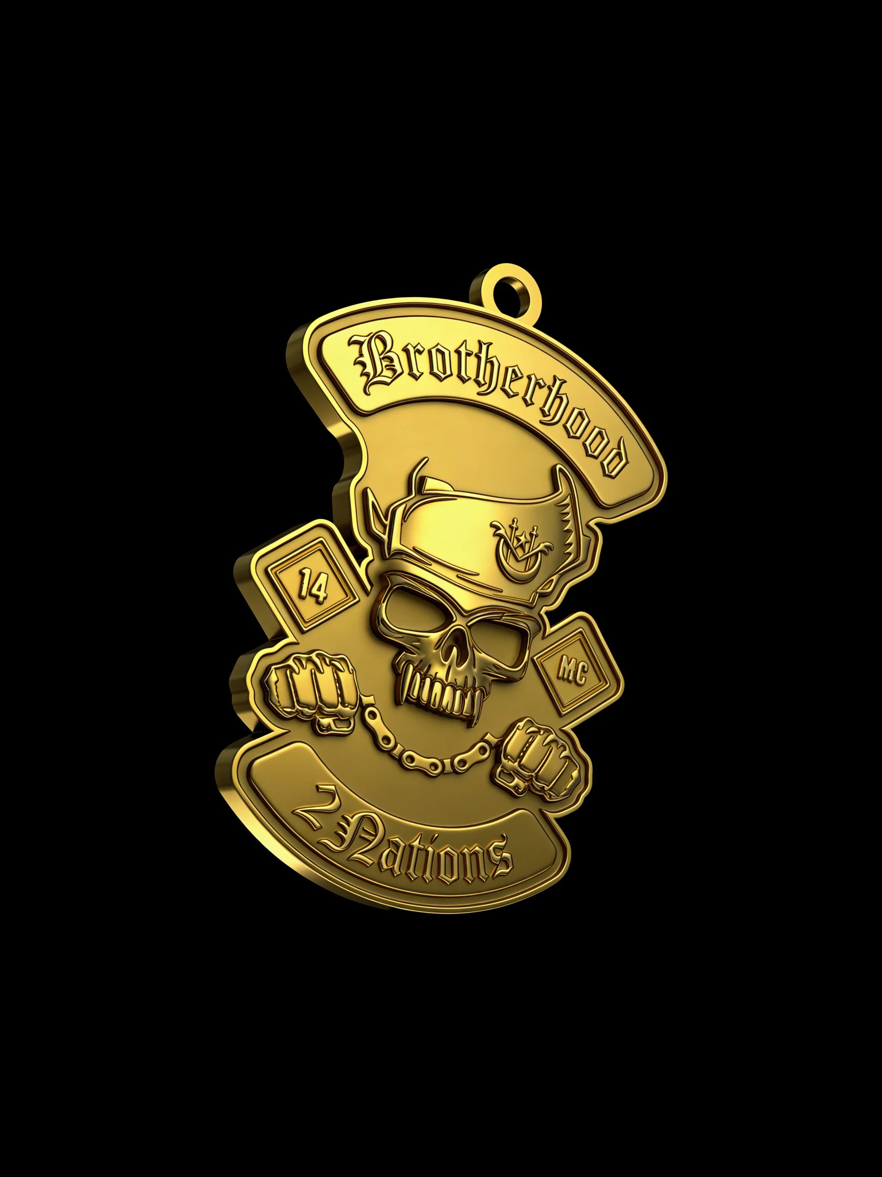 Custom pirate skull motorcycle club pendant craftsmanship reference, left angle