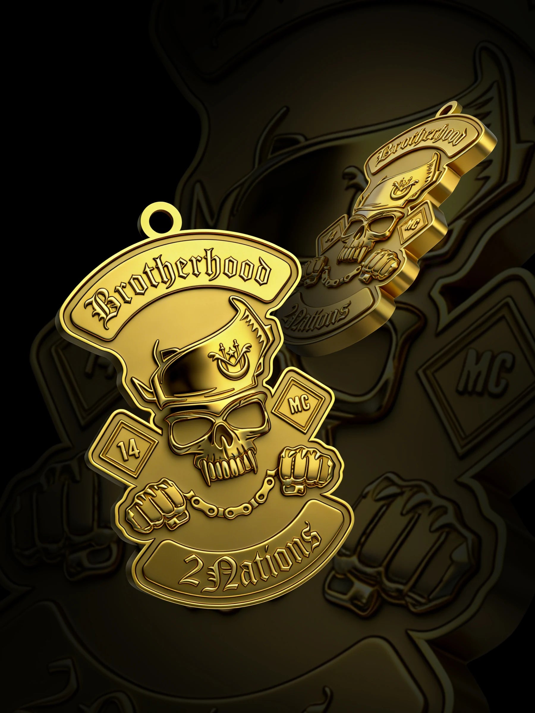 Custom pirate skull motorcycle club pendant craftsmanship reference, paired display