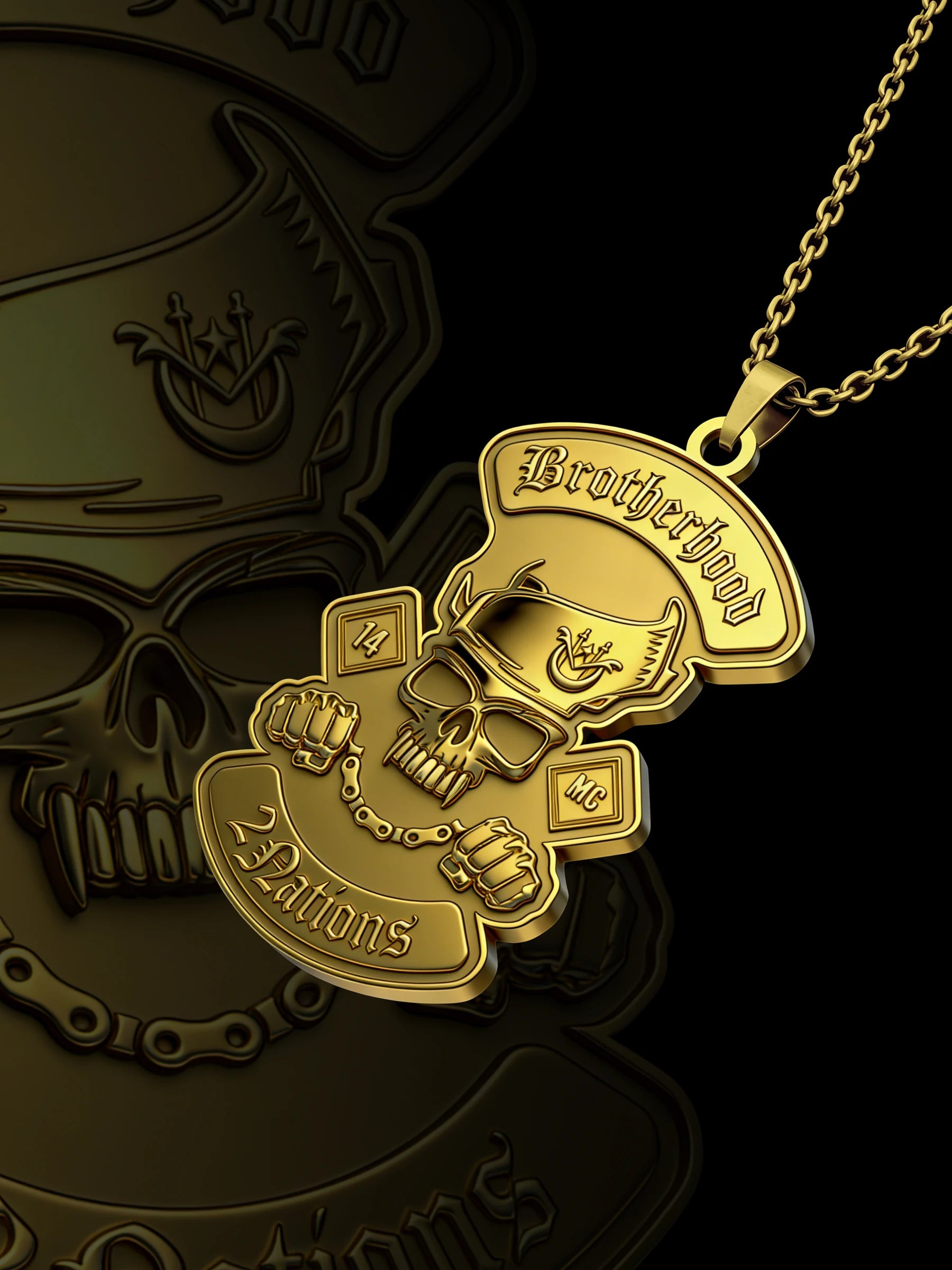 Custom pirate skull motorcycle club pendant craftsmanship reference, raised relief detail