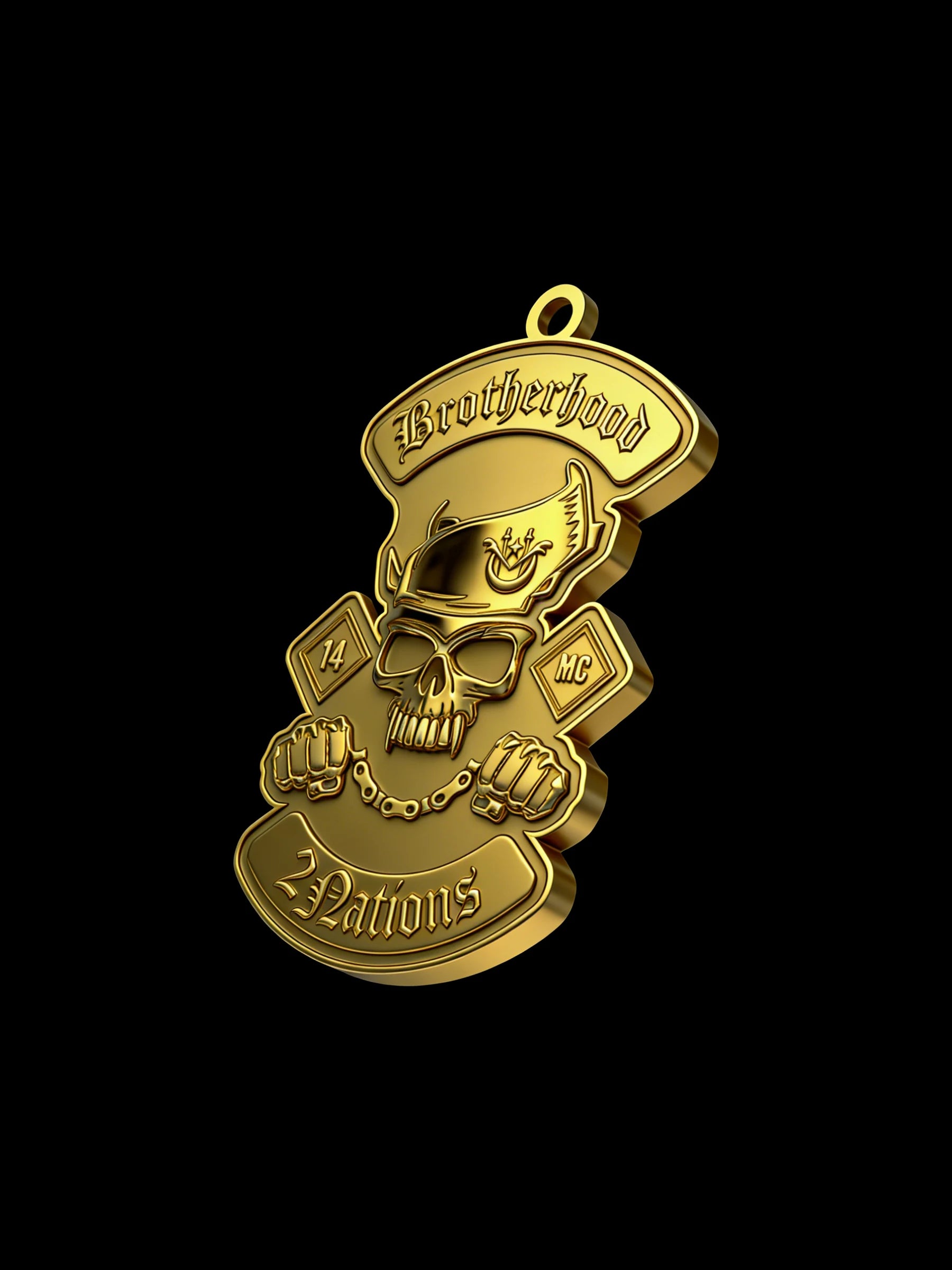 Custom pirate skull motorcycle club pendant craftsmanship reference, right angle