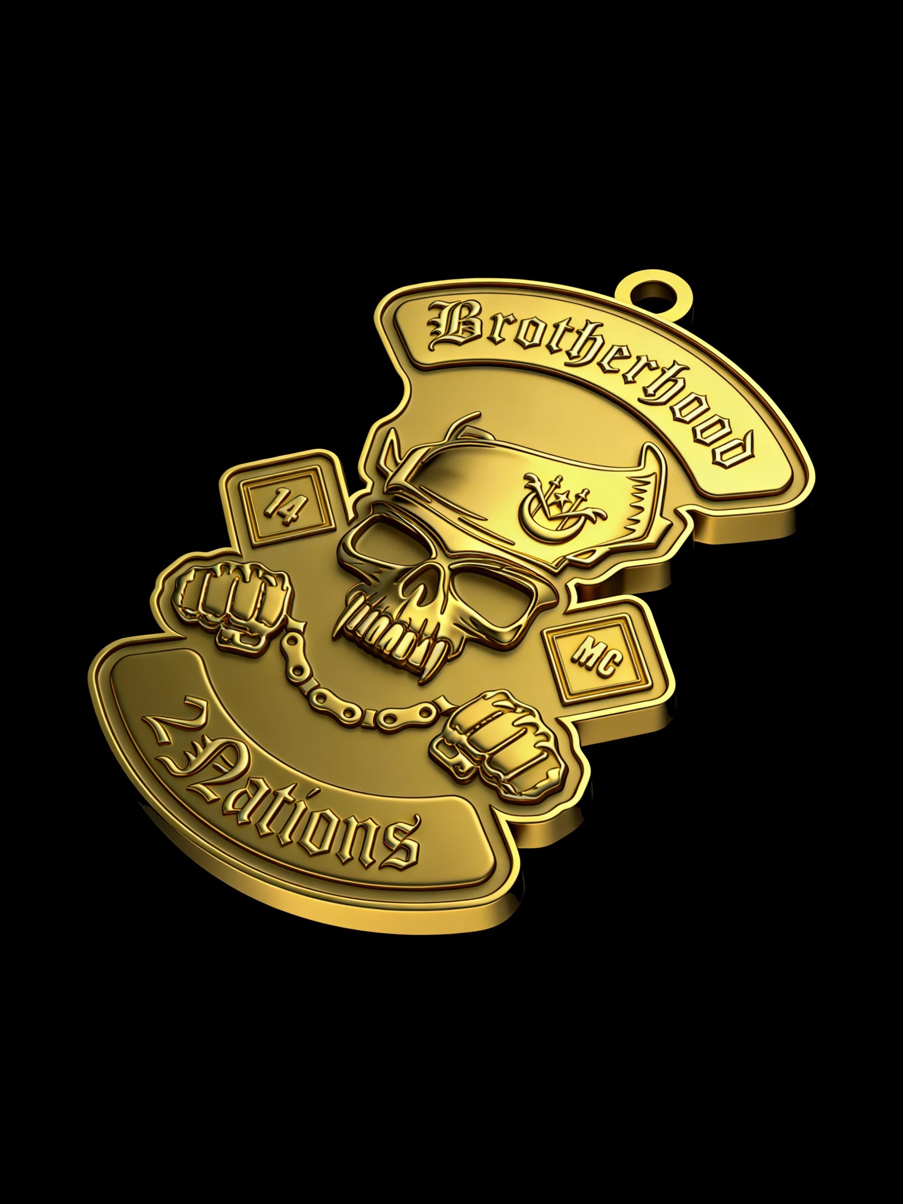 Custom pirate skull motorcycle club pendant craftsmanship reference, side profile