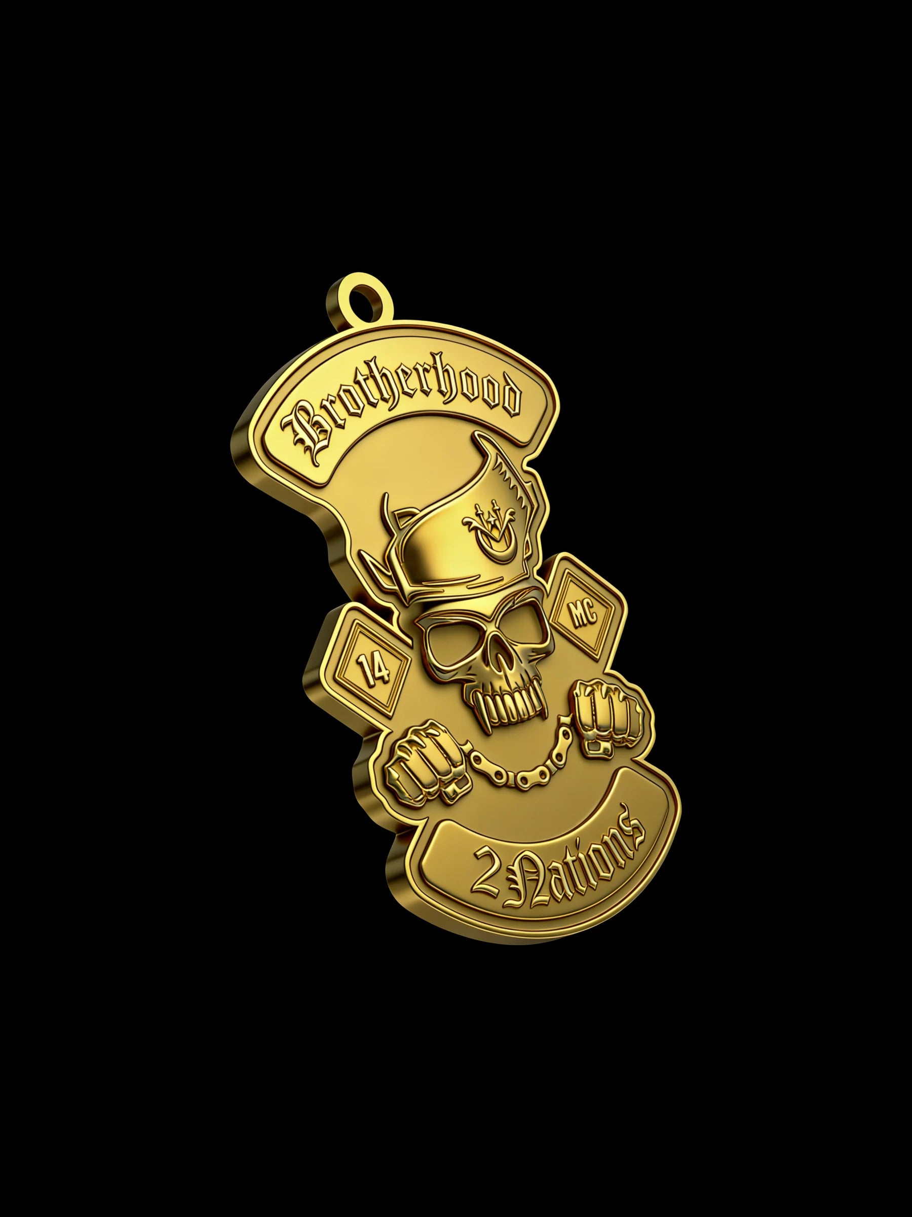 Custom pirate skull motorcycle club pendant craftsmanship reference, three quarter view