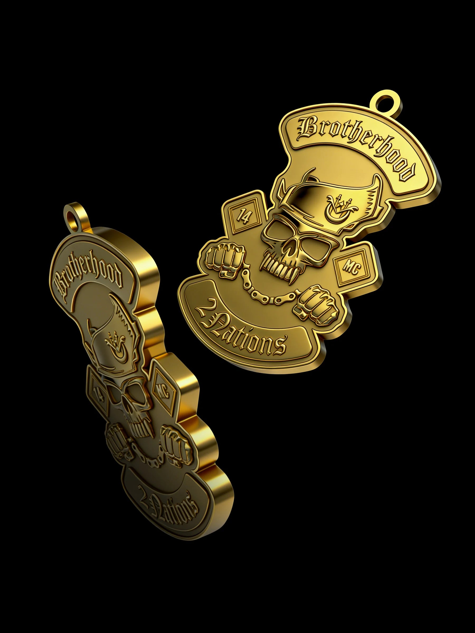 Custom pirate skull motorcycle club pendant craftsmanship reference, with chain