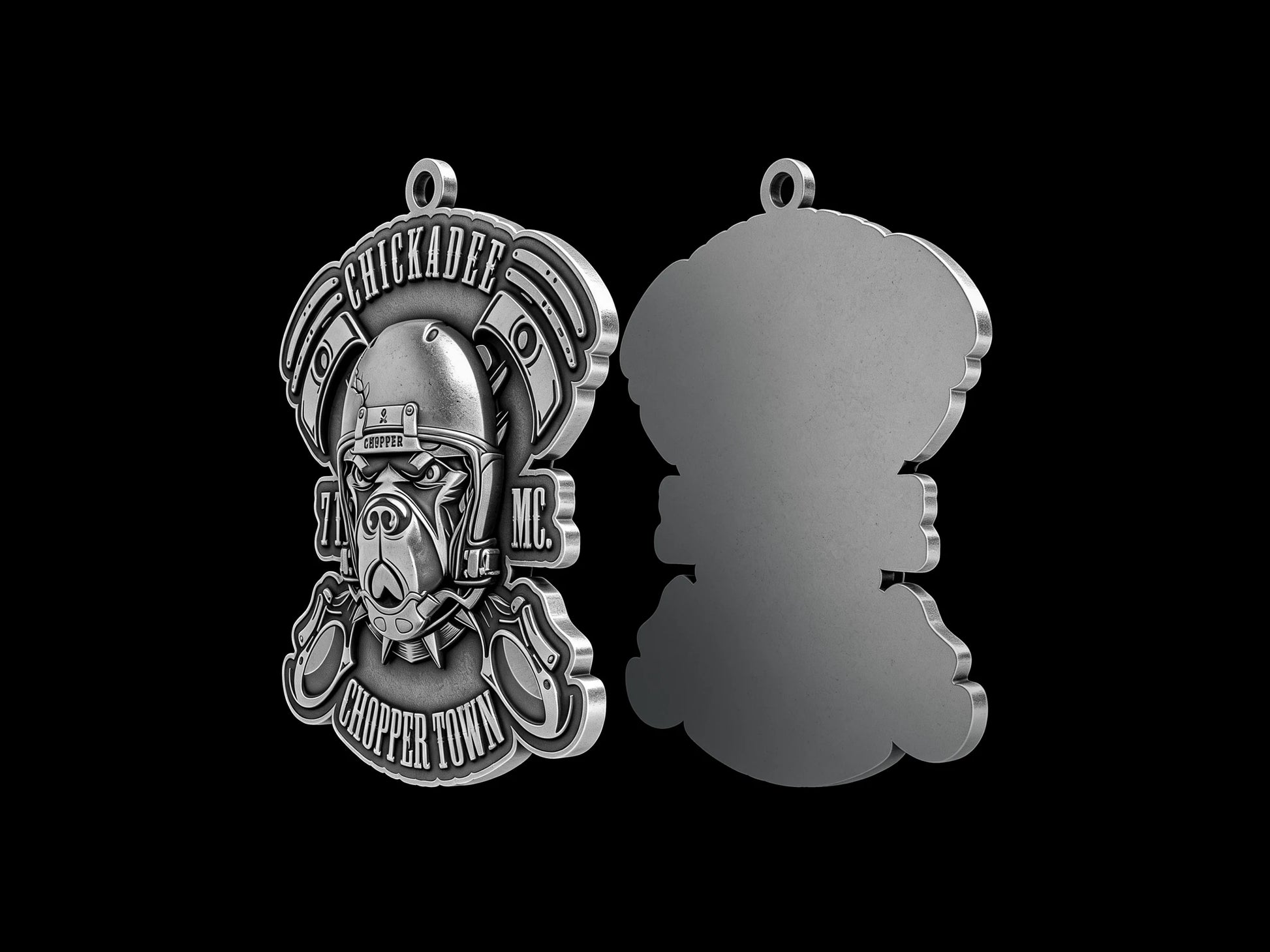 Custom piston helmet motorcycle club pendant craftsmanship reference, back and front