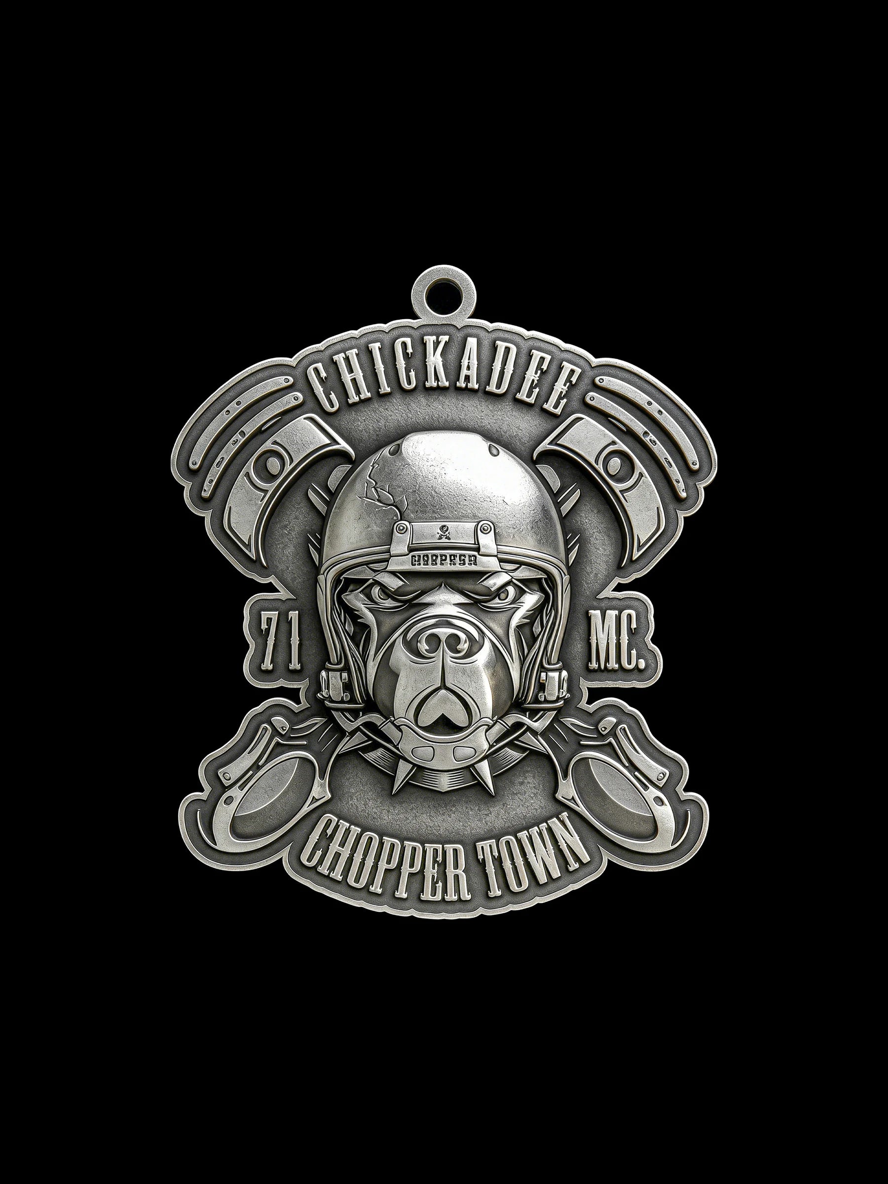 Custom piston helmet motorcycle club pendant craftsmanship reference, front view