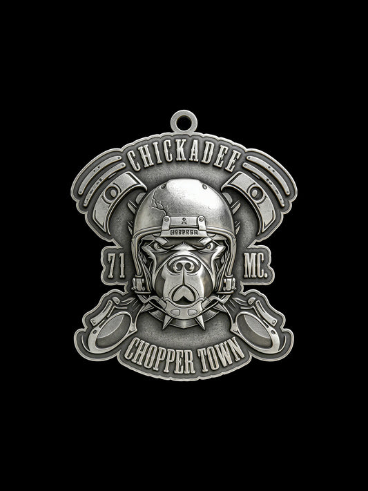 Custom piston helmet motorcycle club pendant craftsmanship reference, front view
