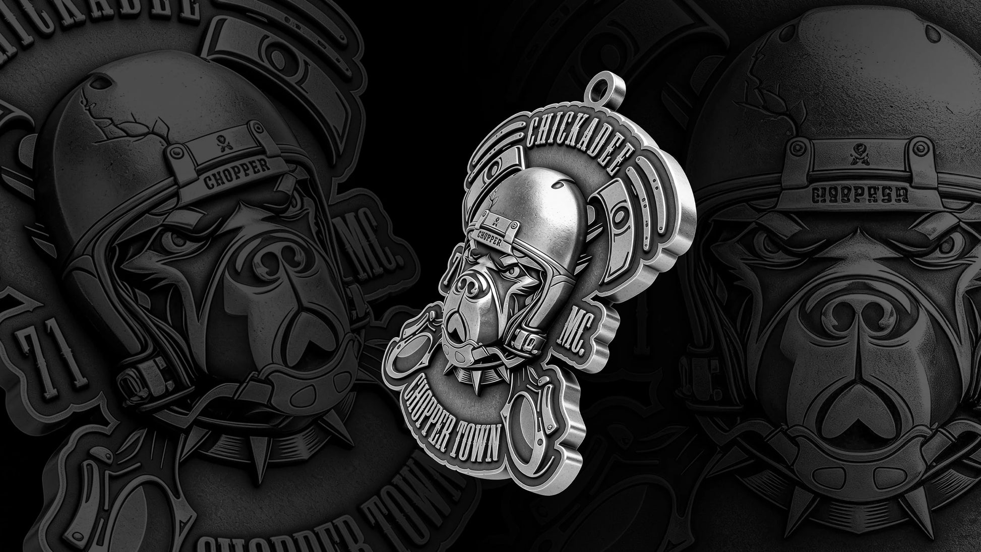 Custom piston helmet motorcycle club pendant craftsmanship reference, gallery layout