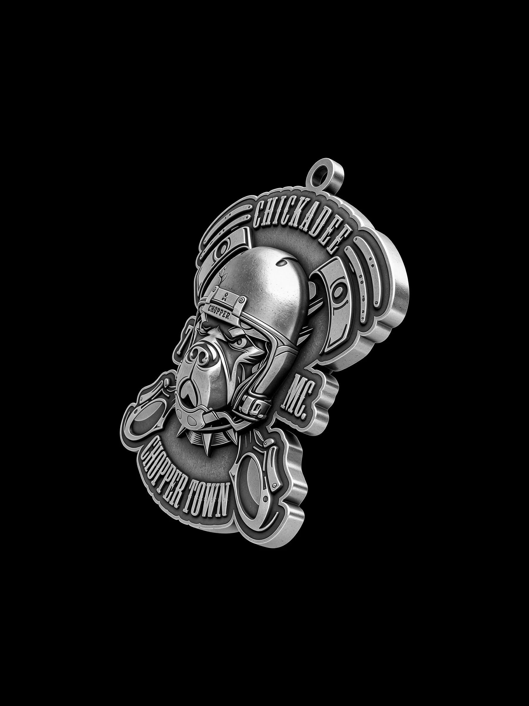 Custom piston helmet motorcycle club pendant craftsmanship reference, left angle