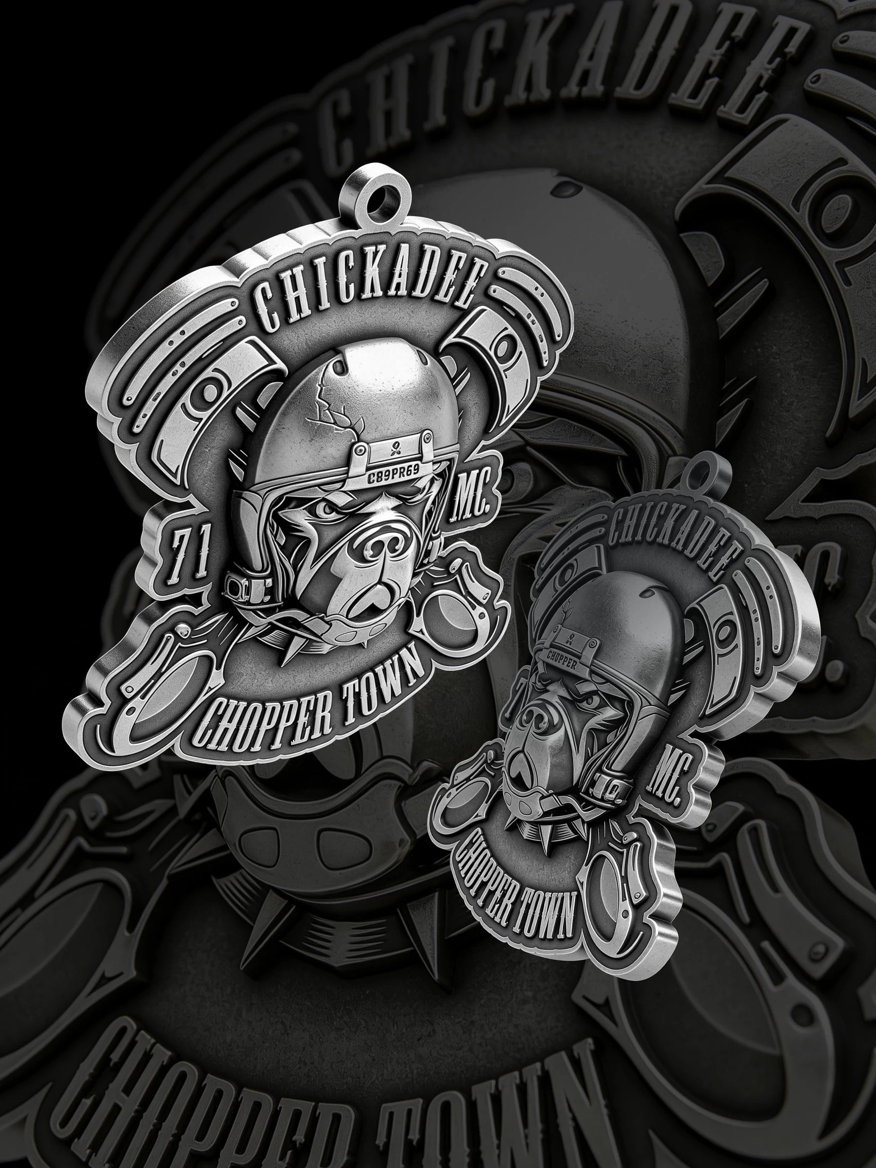 Custom piston helmet motorcycle club pendant craftsmanship reference, paired display