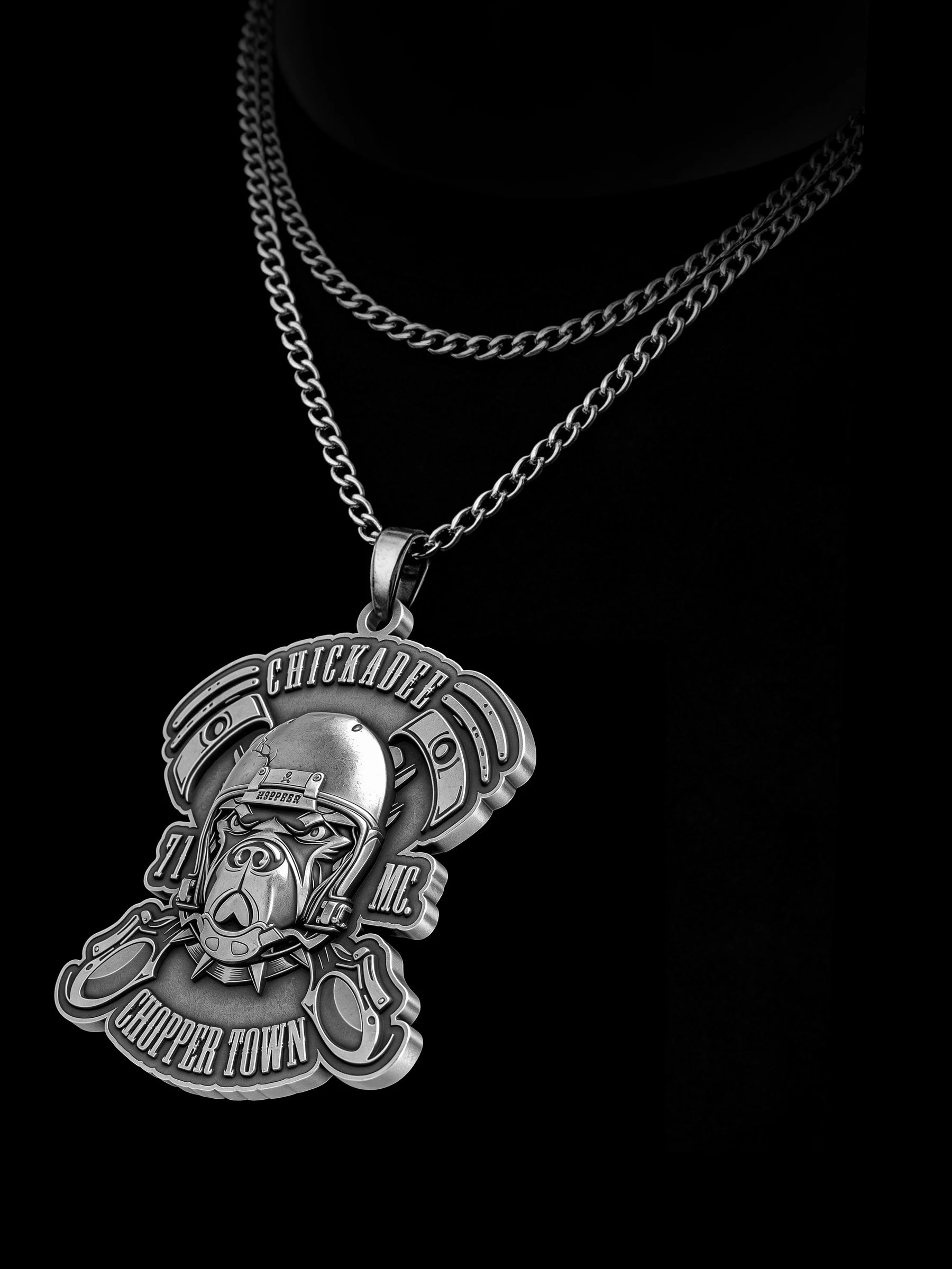 Custom piston helmet motorcycle club pendant craftsmanship reference, raised relief detail