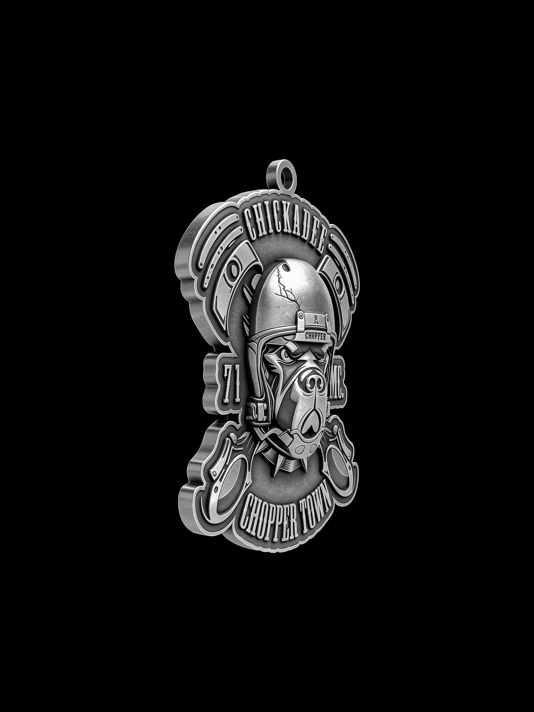 Custom piston helmet motorcycle club pendant craftsmanship reference, right angle
