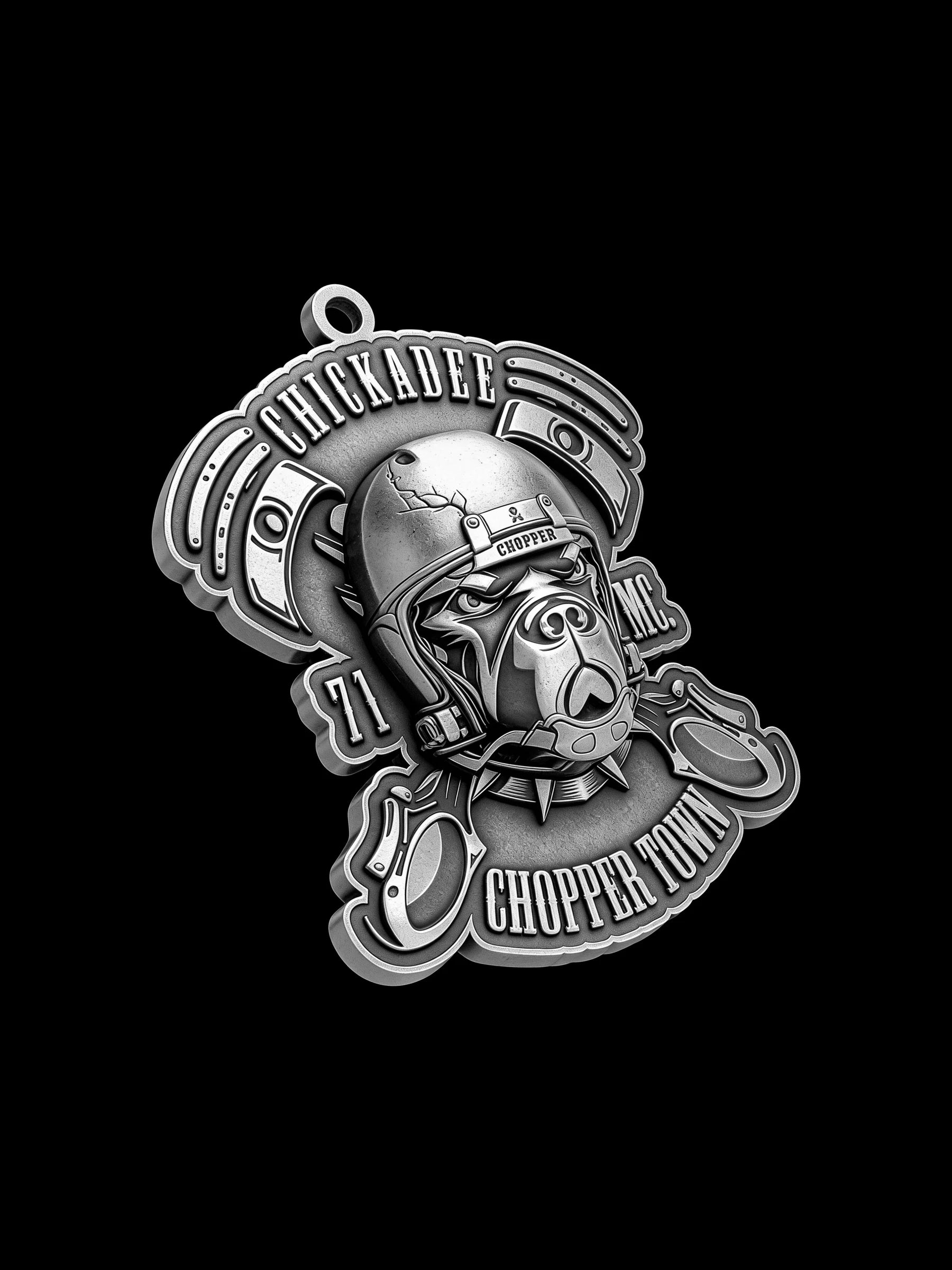 Custom piston helmet motorcycle club pendant craftsmanship reference, side profile