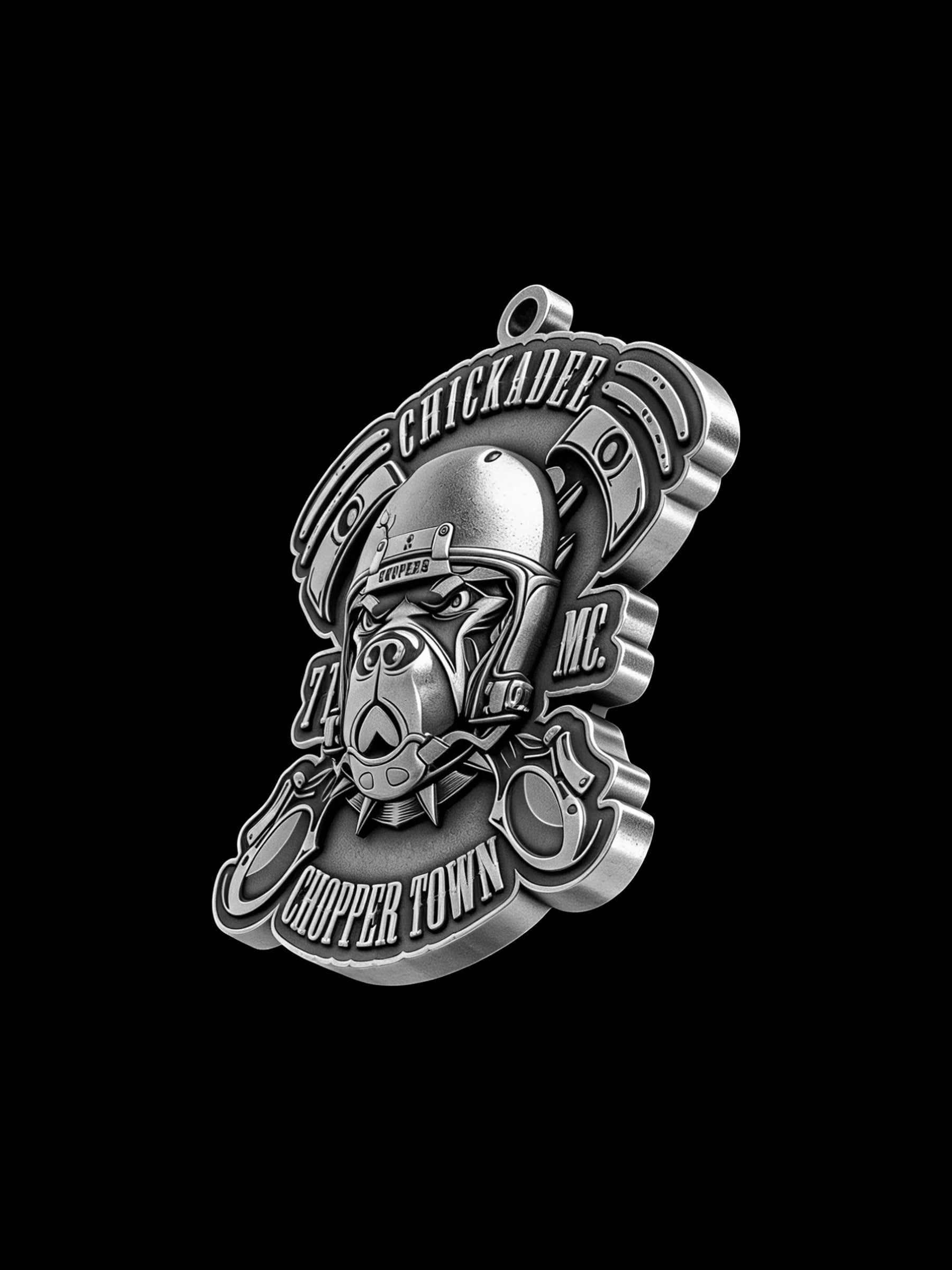 Custom piston helmet motorcycle club pendant craftsmanship reference, three quarter view