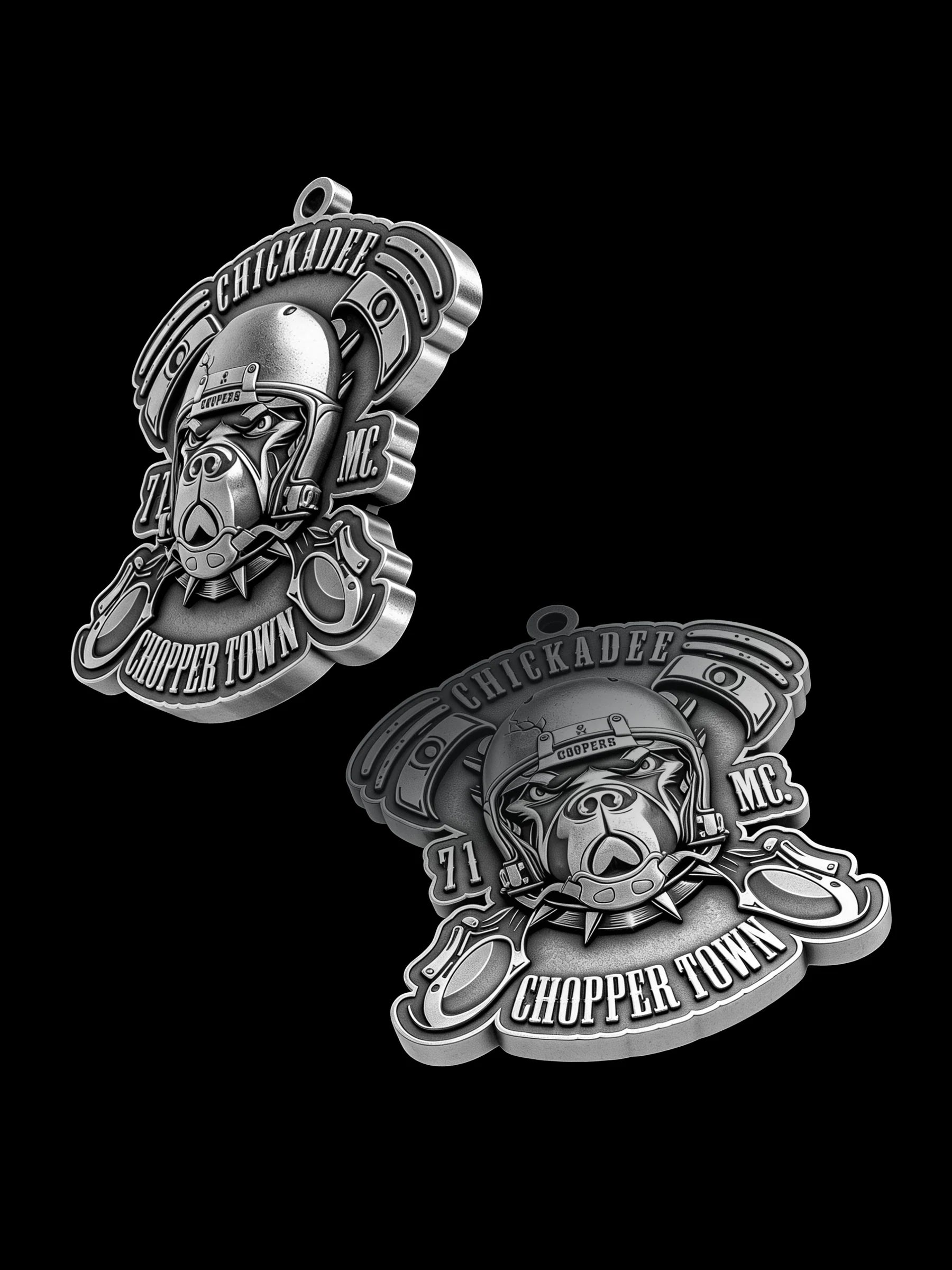 Custom piston helmet motorcycle club pendant craftsmanship reference, with chain