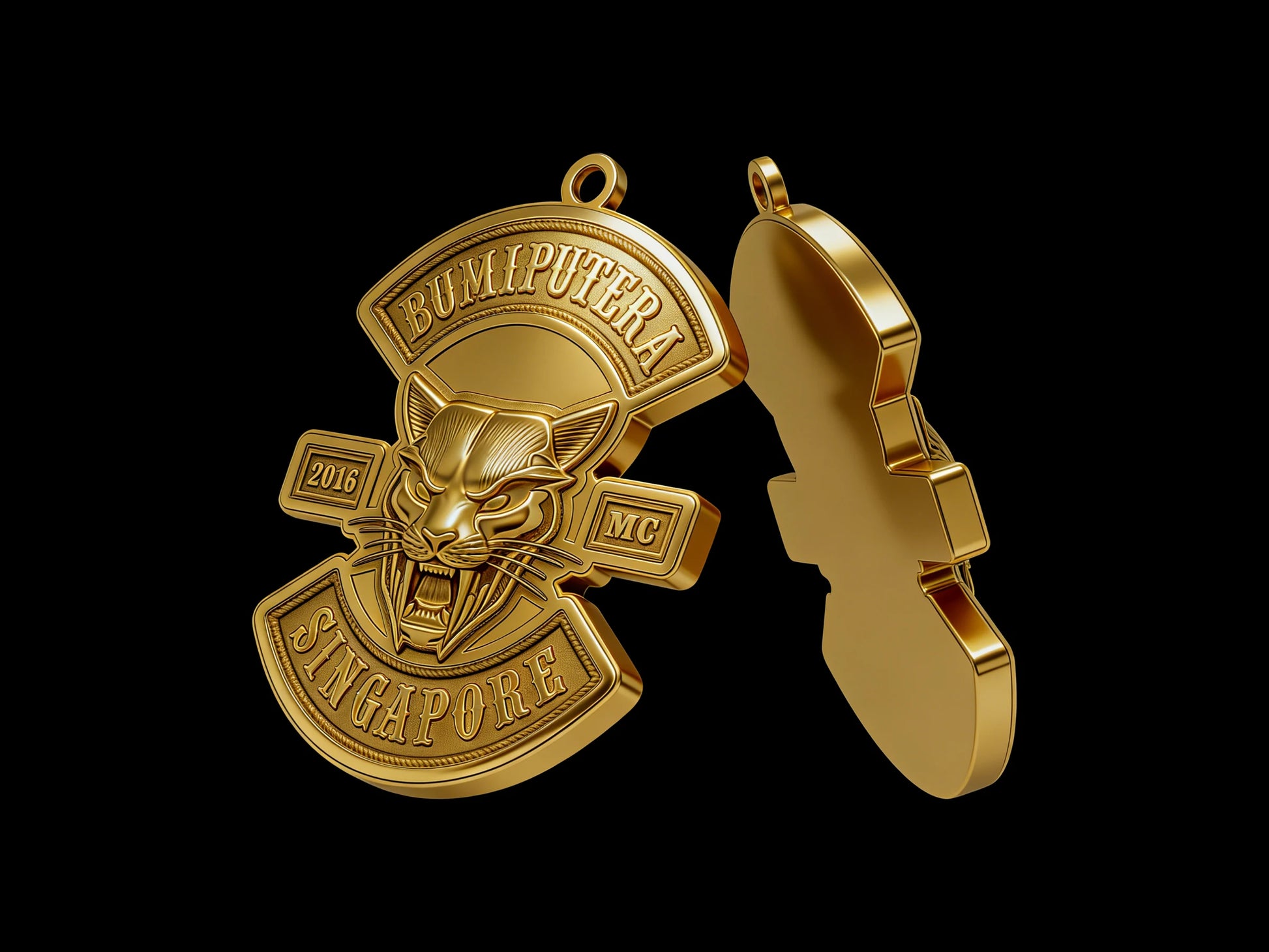Custom piston skull motorcycle club pendant craftsmanship reference, back and front