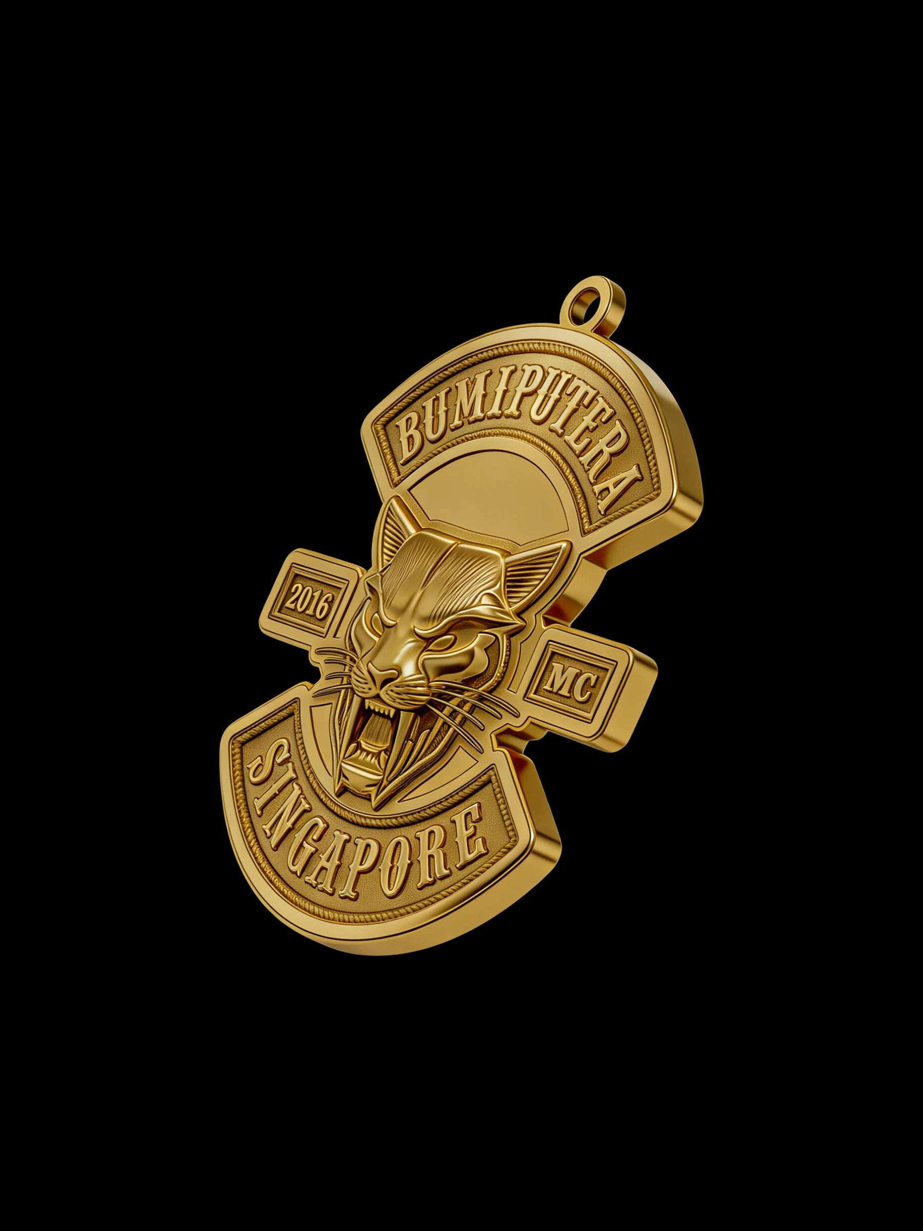 Custom piston skull motorcycle club pendant craftsmanship reference, left angle