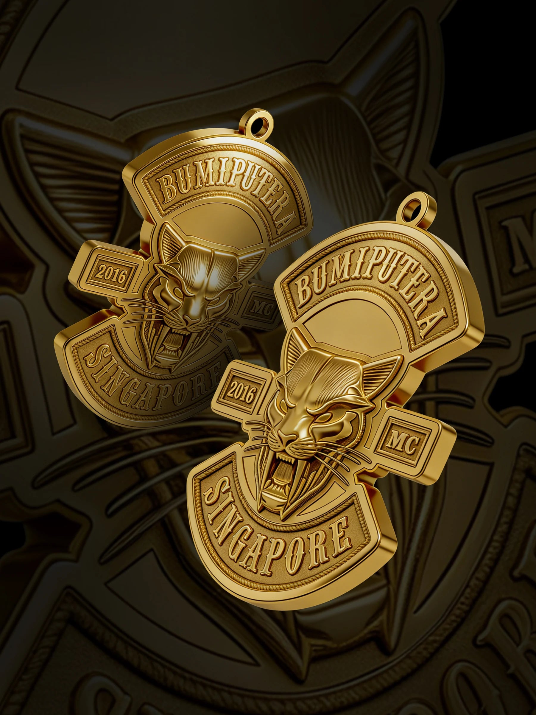Custom piston skull motorcycle club pendant craftsmanship reference, paired display