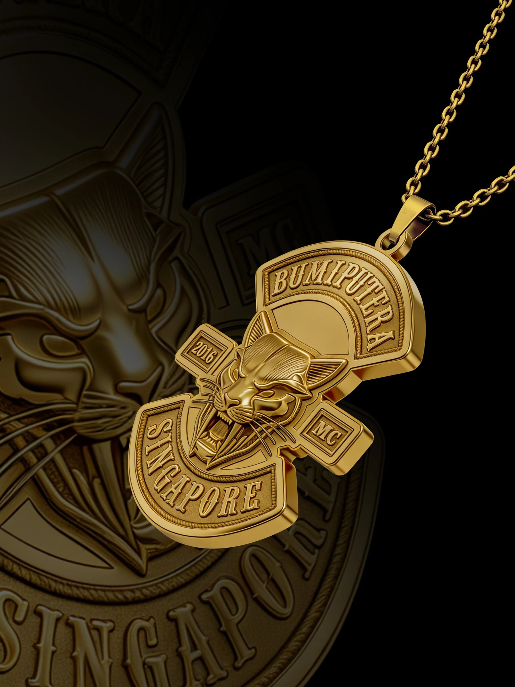 Custom piston skull motorcycle club pendant craftsmanship reference, raised relief detail