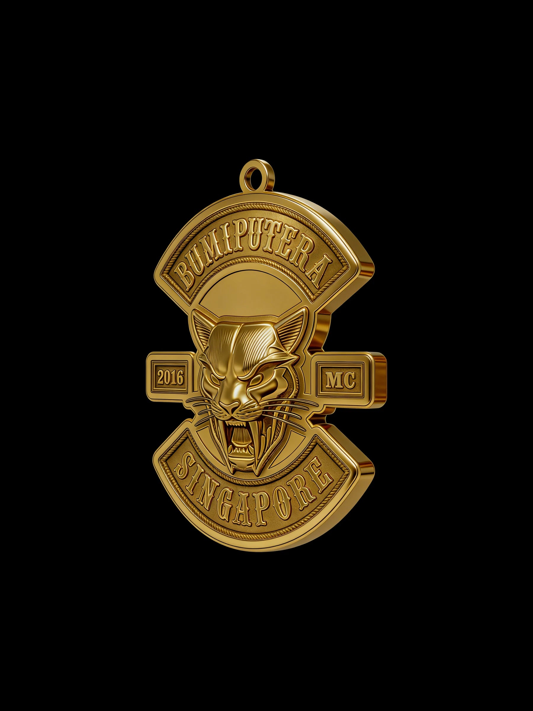 Custom piston skull motorcycle club pendant craftsmanship reference, three quarter view