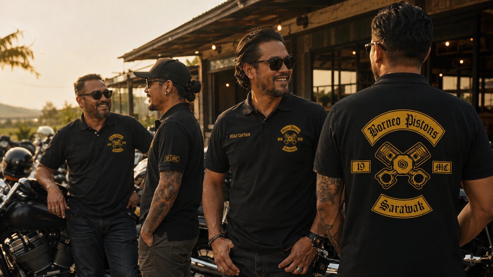 Borneo Distons members outside a clubhouse in black, navy, and olive polos, showing chest embroidery, a sleeve detail, and a large back logo.