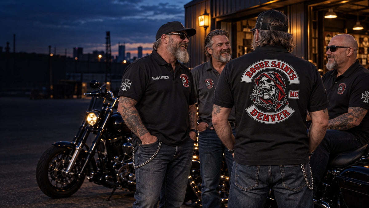Rogue Saints Denver members outside an industrial clubhouse wearing custom motorcycle club polos with chest, sleeve and large back logo placements.