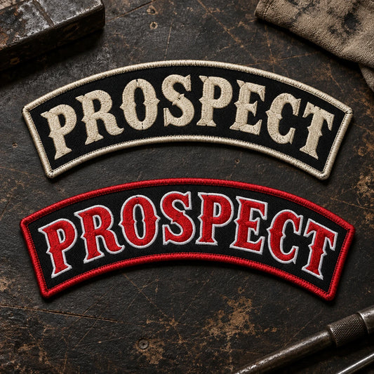 Curved Prospect rockers shown as a custom motorcycle club membership patch product.