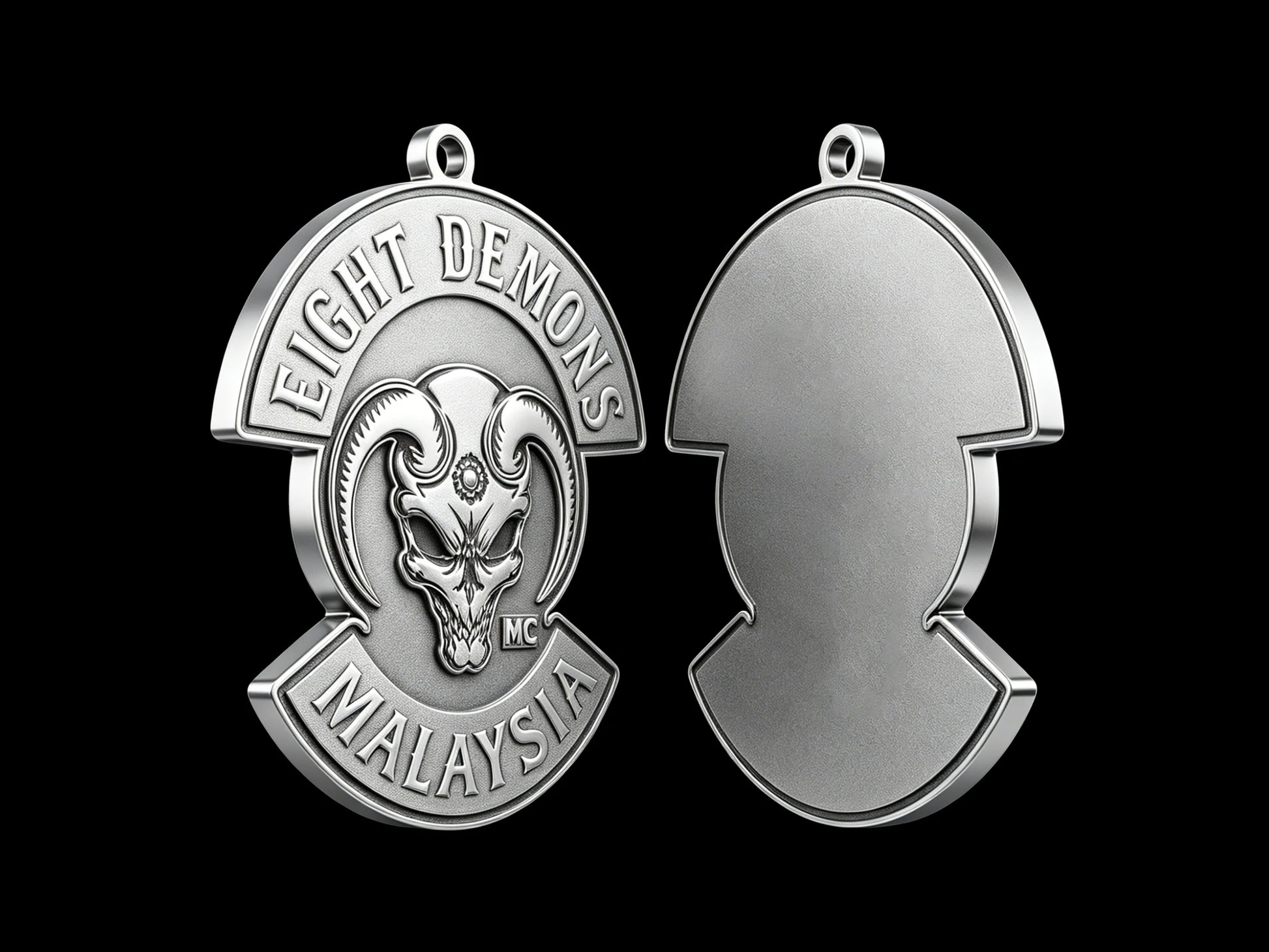 Custom red demon motorcycle club pendant craftsmanship reference, back and front