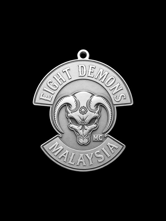 Custom red demon motorcycle club pendant craftsmanship reference, front view