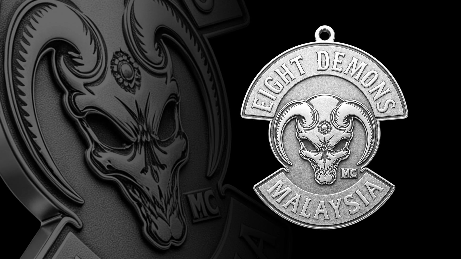 Custom red demon motorcycle club pendant craftsmanship reference, gallery layout