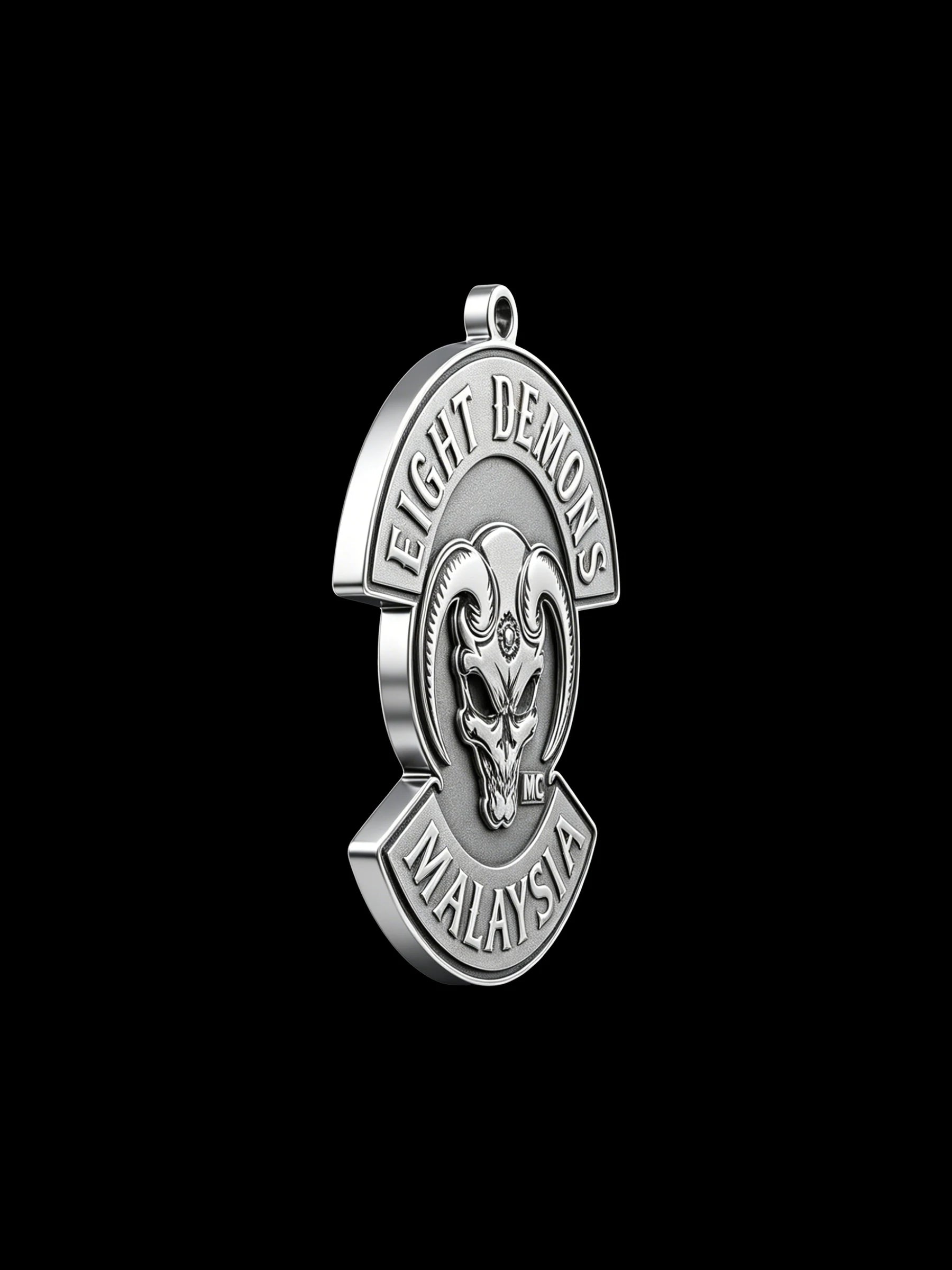 Custom red demon motorcycle club pendant craftsmanship reference, right angle