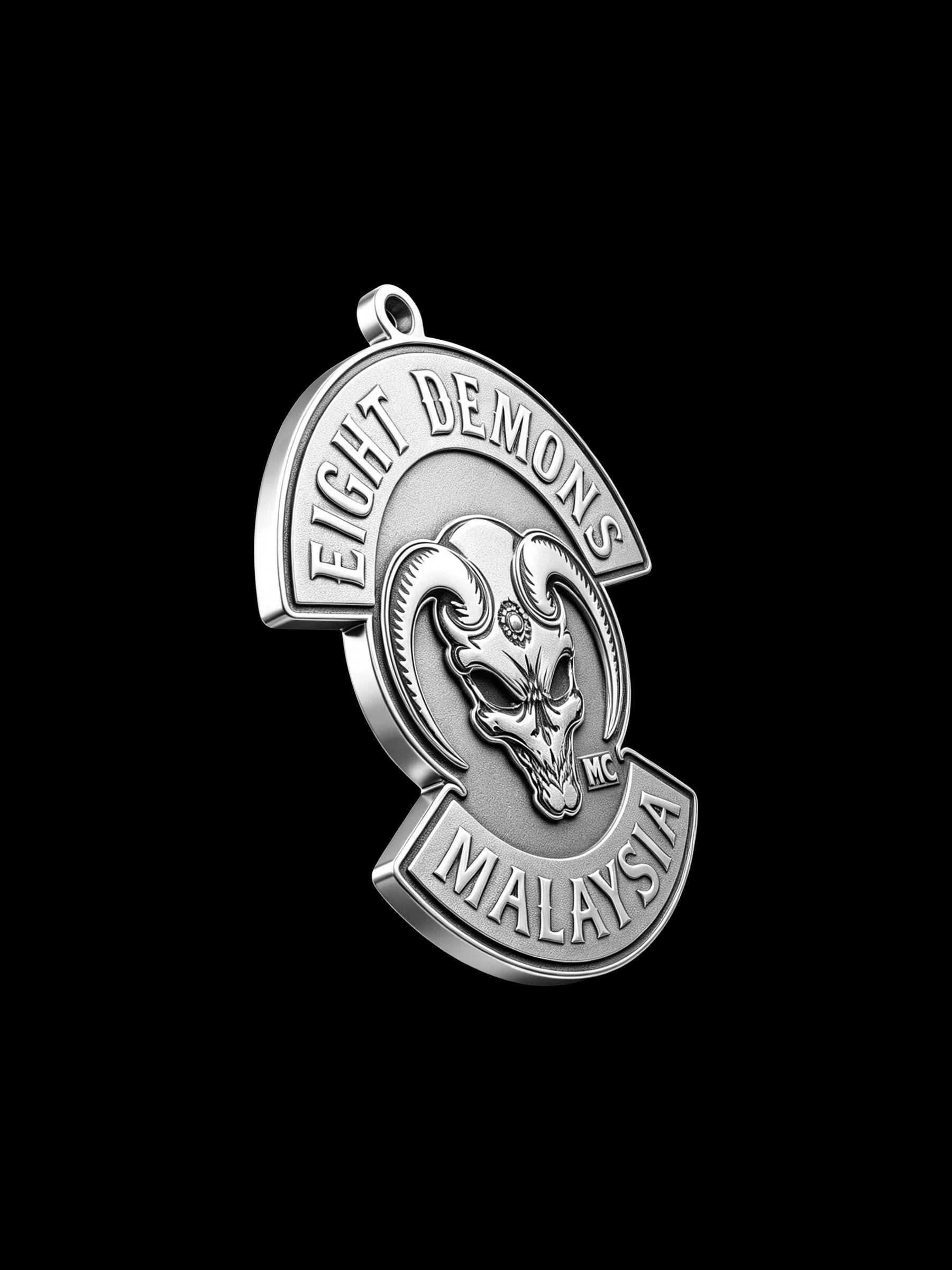 Custom red demon motorcycle club pendant craftsmanship reference, side profile