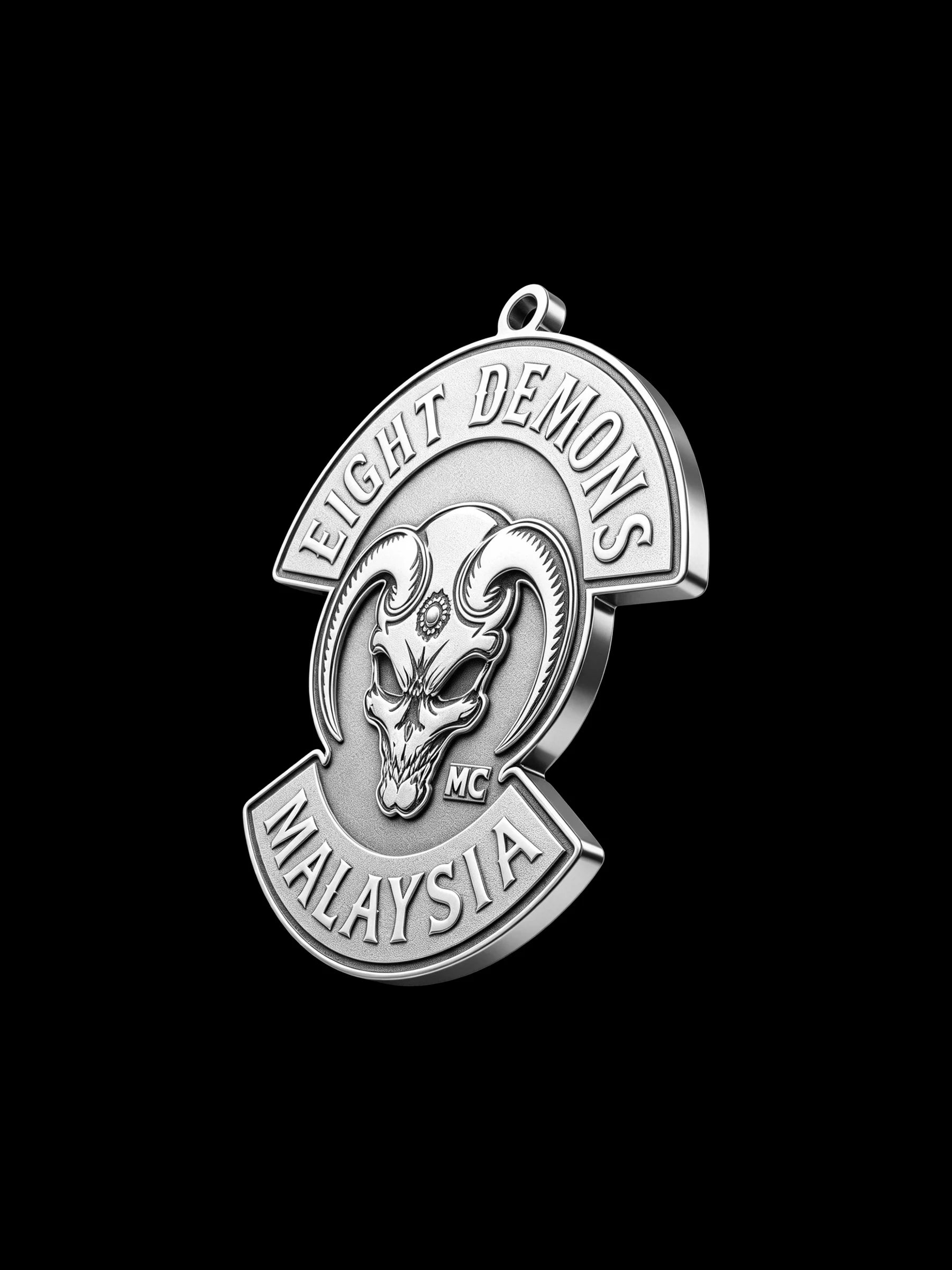 Custom red demon motorcycle club pendant craftsmanship reference, three quarter view