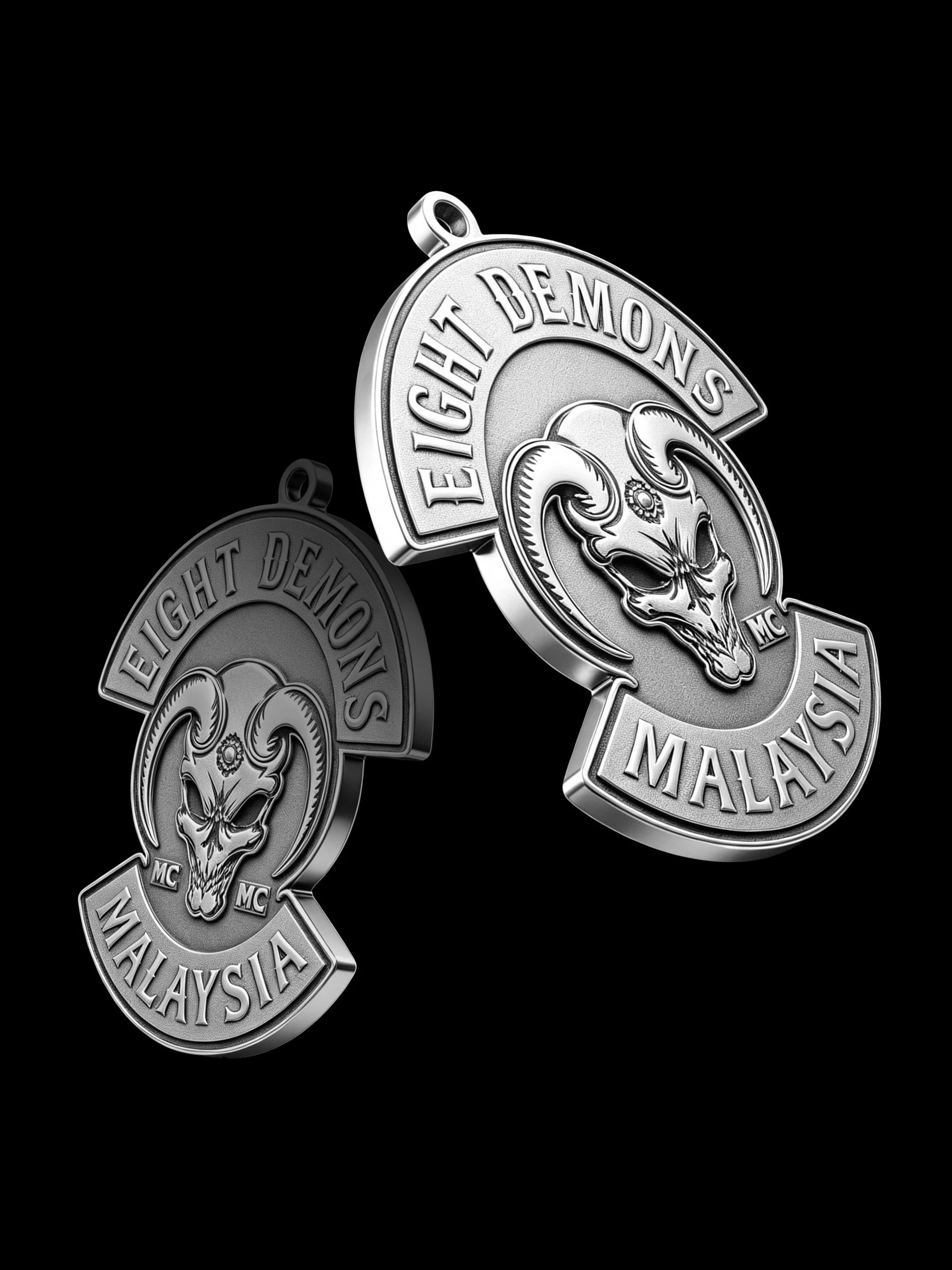 Custom red demon motorcycle club pendant craftsmanship reference, with chain