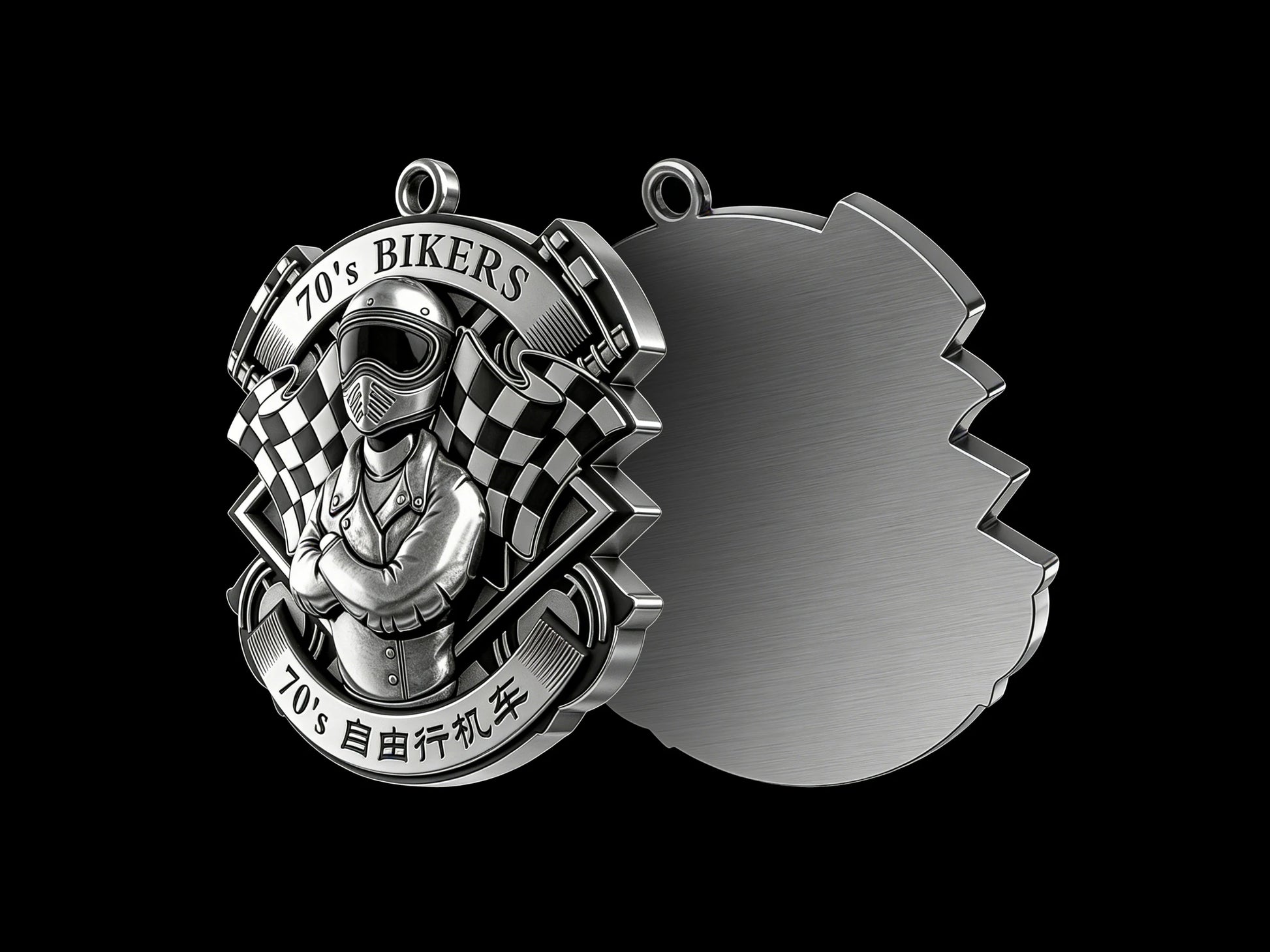 Custom retro racer motorcycle club pendant craftsmanship reference, back and front