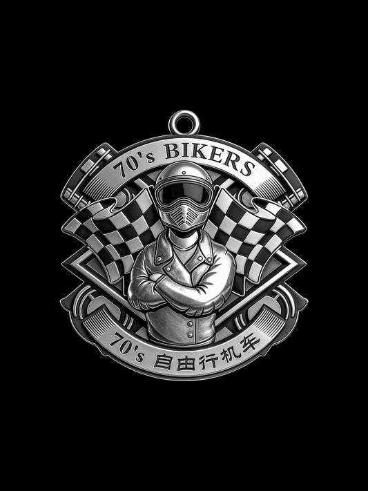 Custom retro racer motorcycle club pendant craftsmanship reference, front view