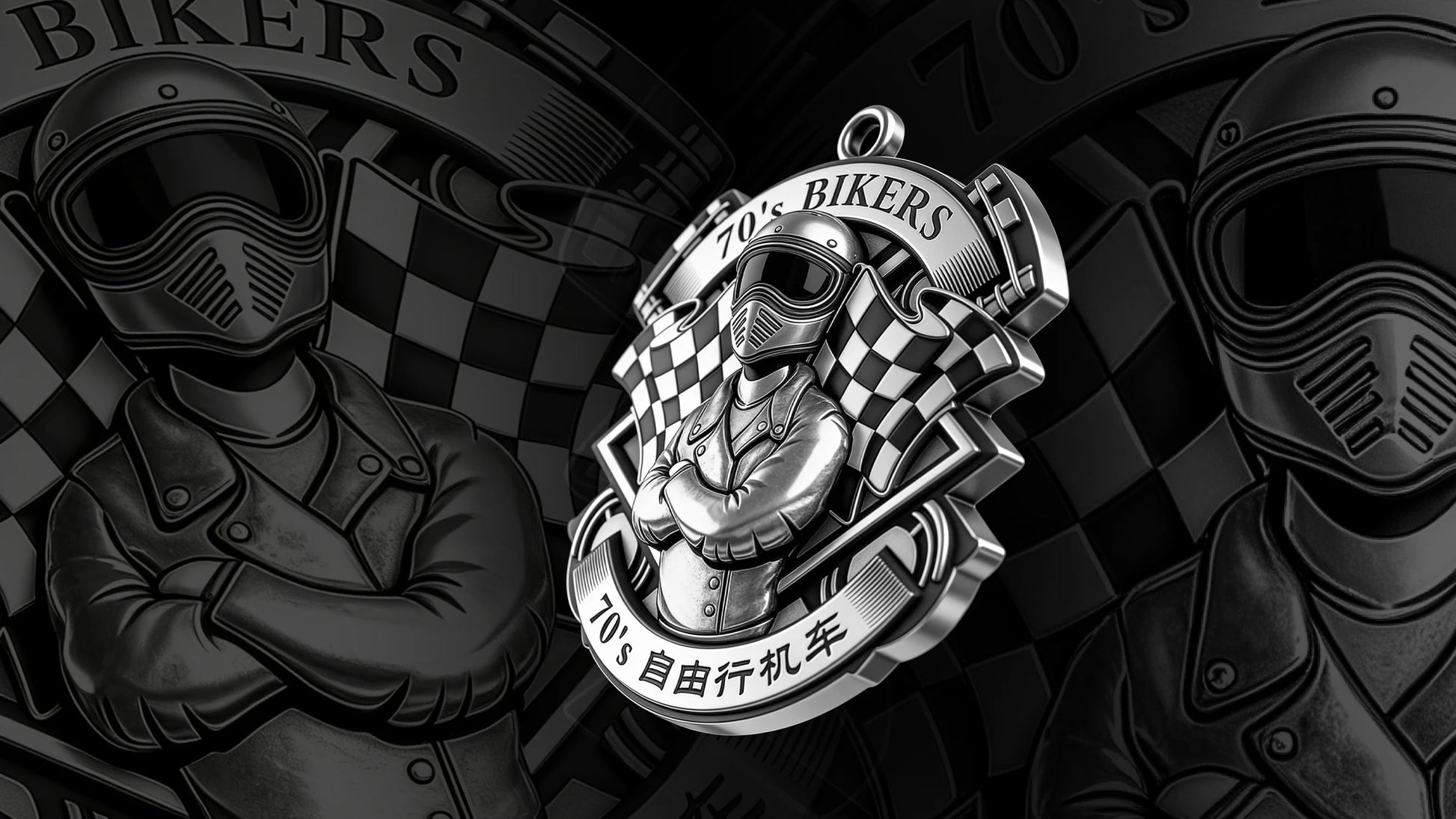 Custom retro racer motorcycle club pendant craftsmanship reference, gallery layout